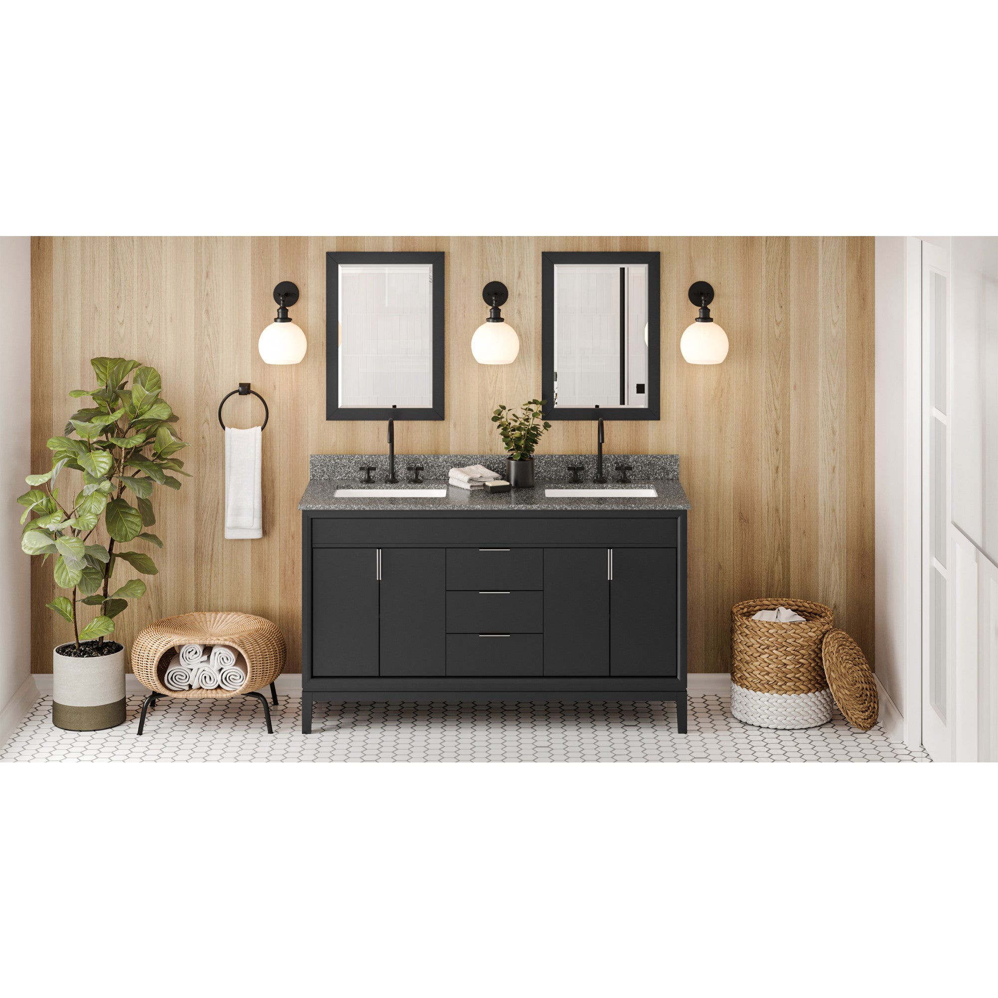 60" Black Theodora Vanity, double bowl, Boulder Cultured Marble Vanity Top, two undermount rectangle bowls | KitchBath