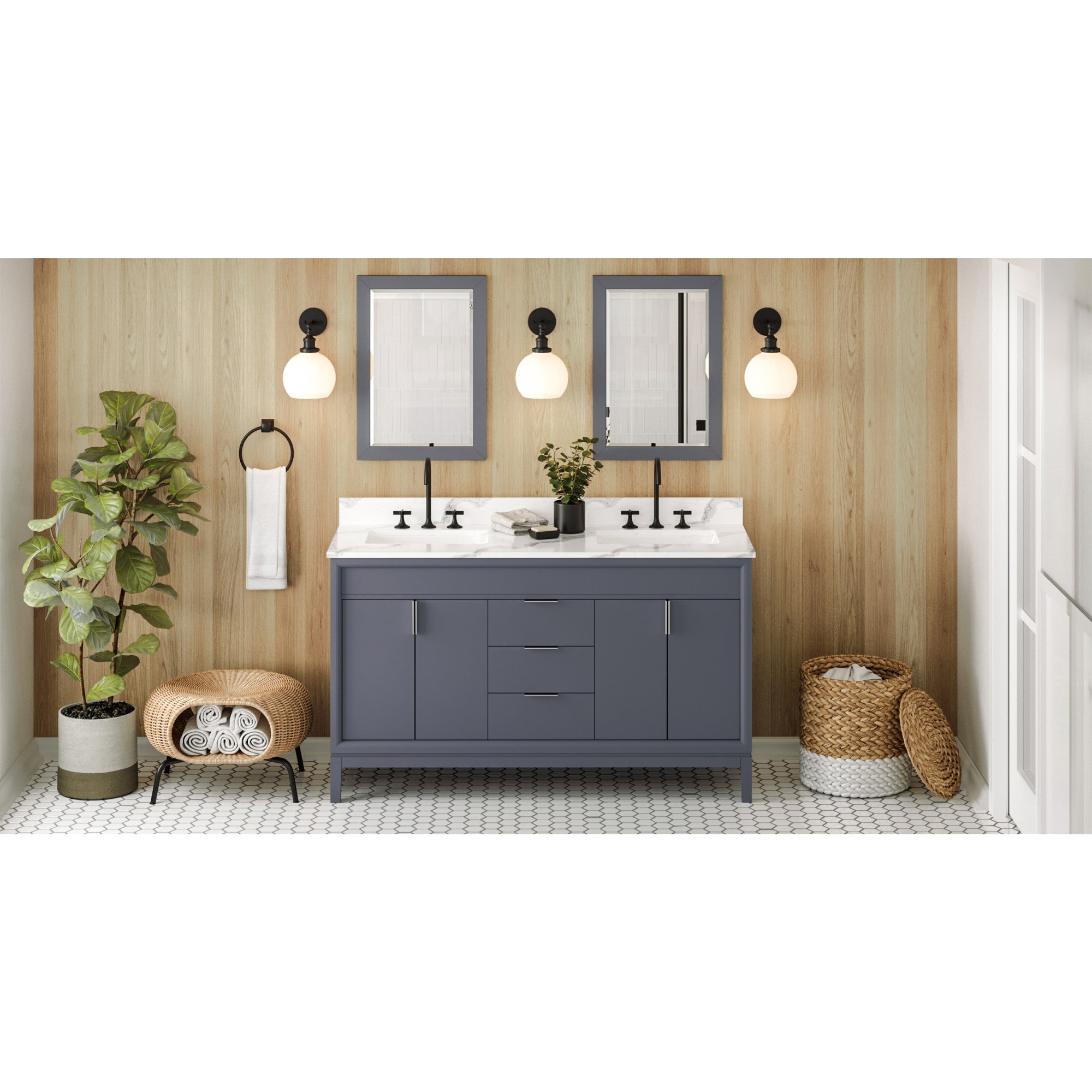 60" Blue Steel Theodora Vanity, double bowl, Calacatta Vienna Quartz Vanity Top, two undermount rectangle bowls | KitchBath