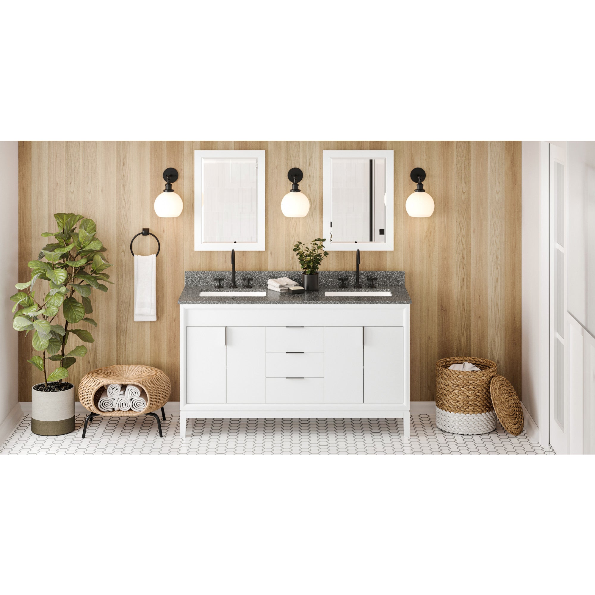 60" White Theodora Vanity, double bowl, Boulder Cultured Marble Vanity Top, two undermount rectangle bowls | KitchBath