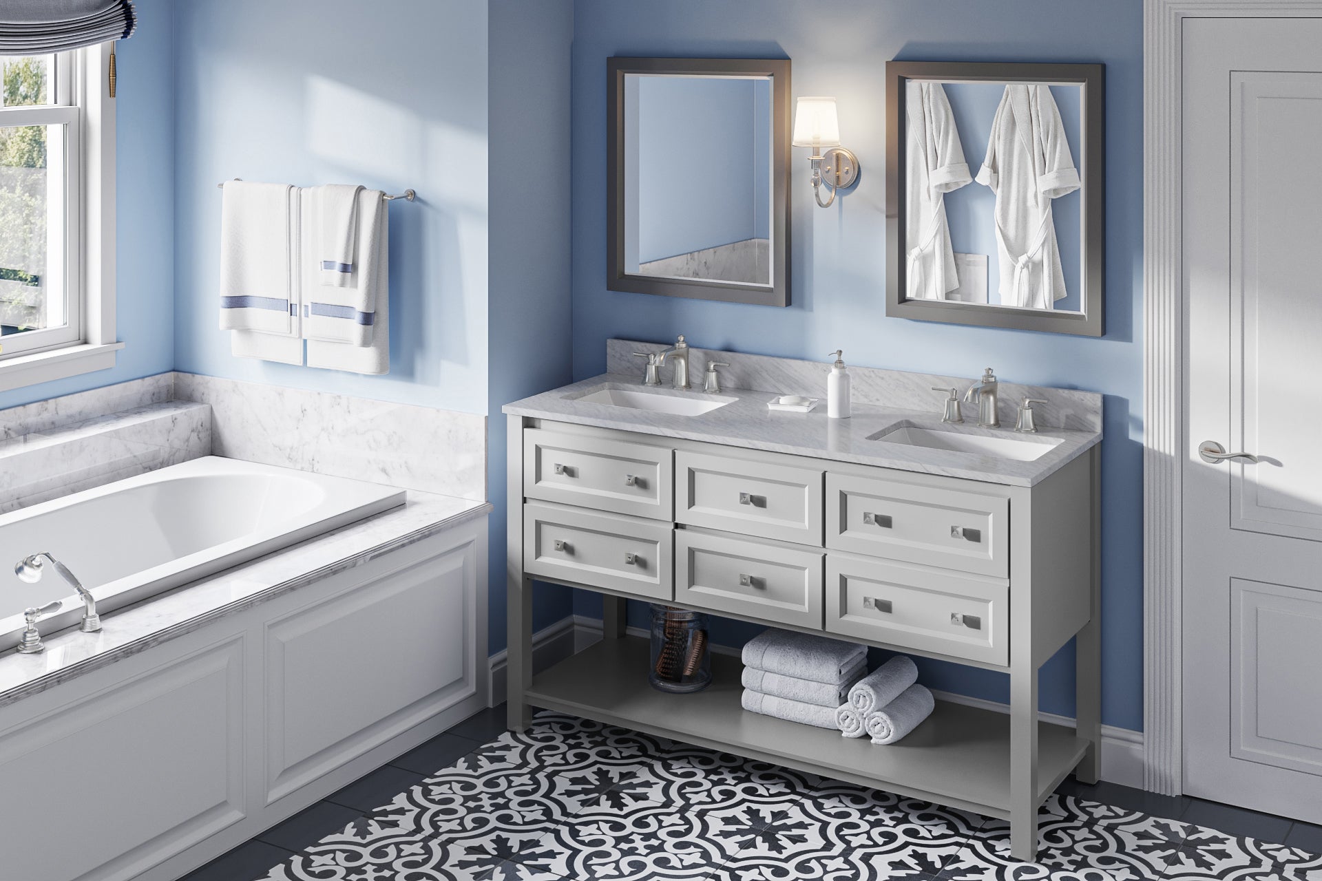 60" Grey Adler Vanity, double bowl, White Carrara Marble Vanity Top, two undermount rectangle bowls