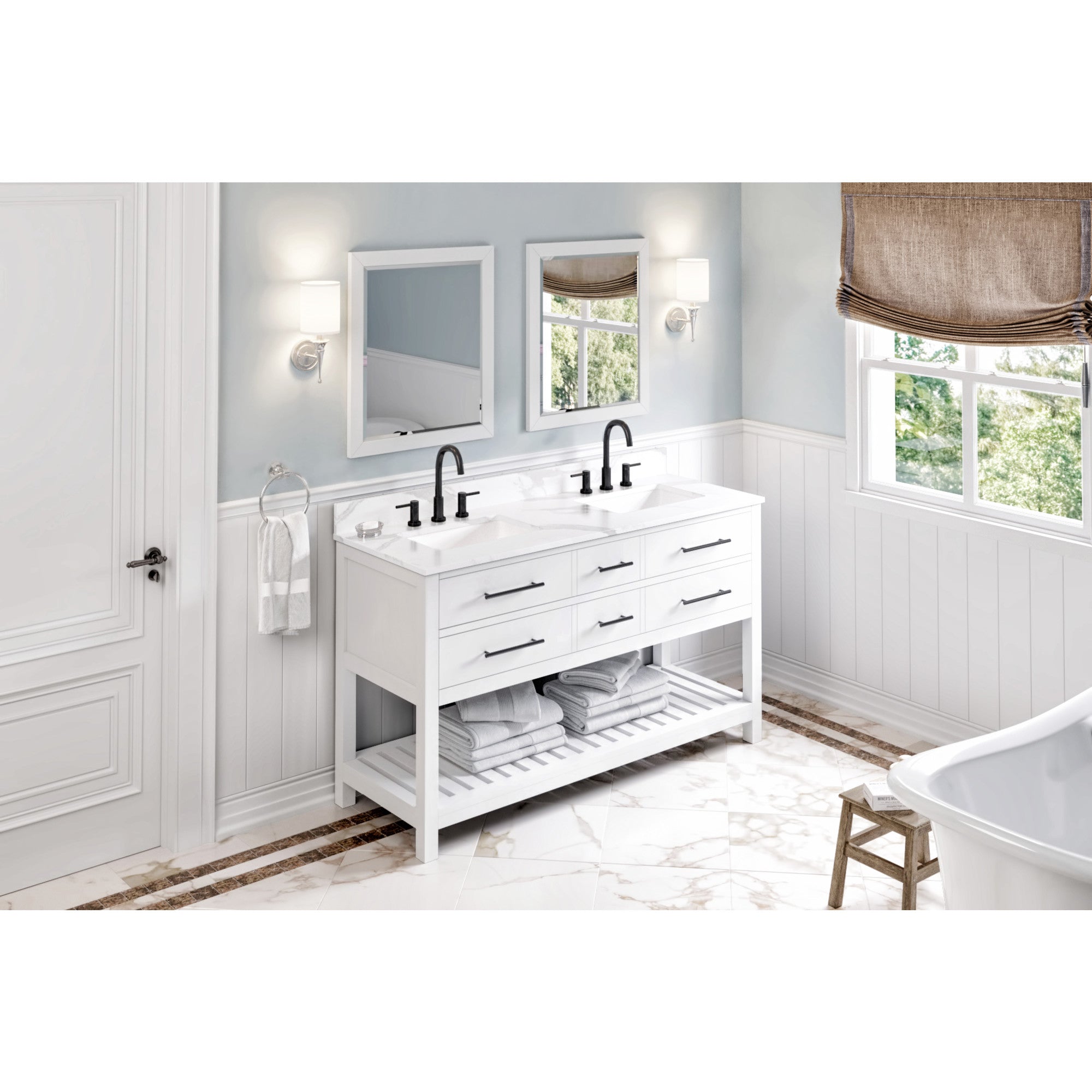 60" White Wavecrest Vanity, double bowl, Calacatta Vienna Quartz Vanity Top, two undermount rectangle bowls | KitchBath