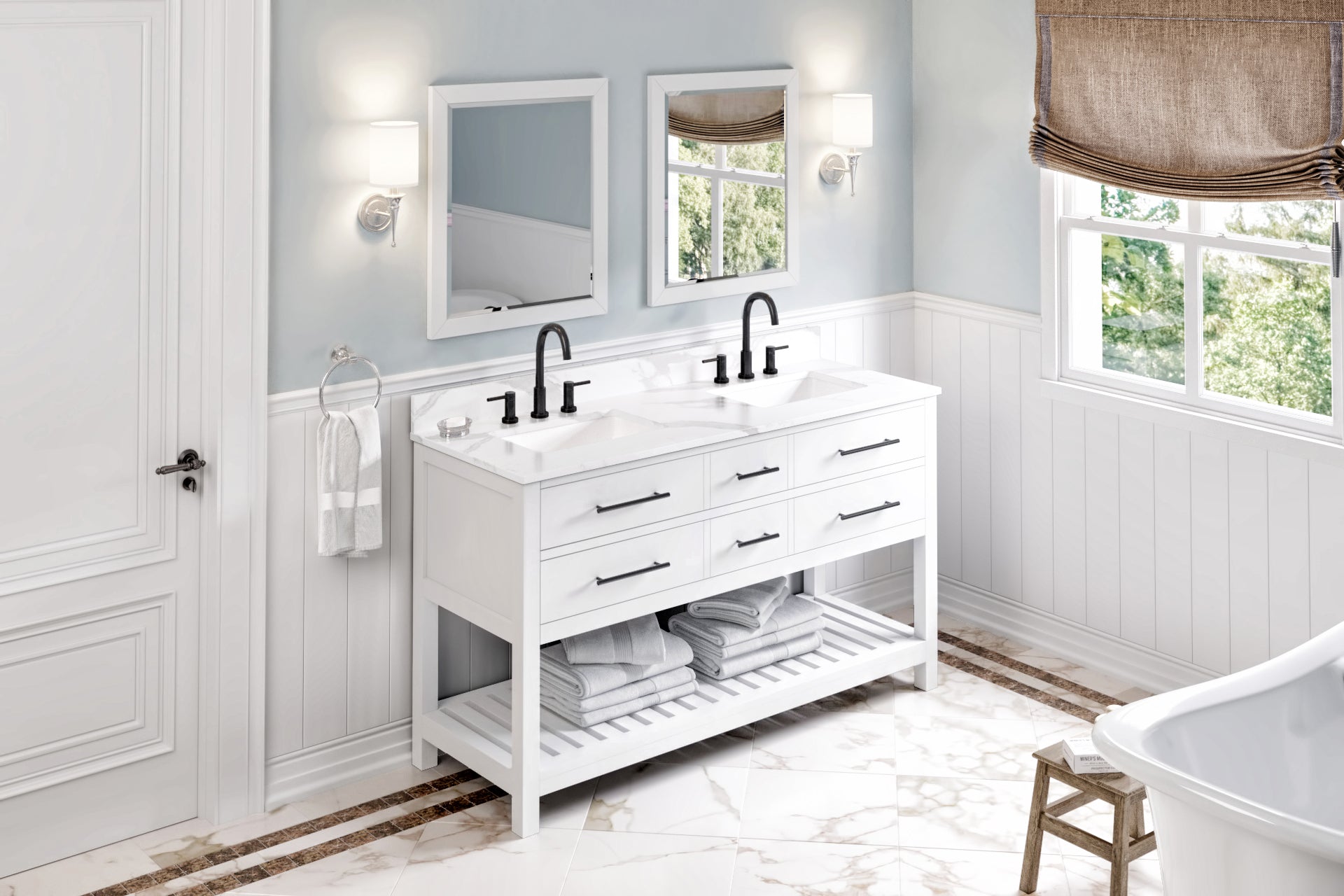 60" White Wavecrest Vanity, double bowl, Calacatta Vienna Quartz Vanity Top, two undermount rectangle bowls