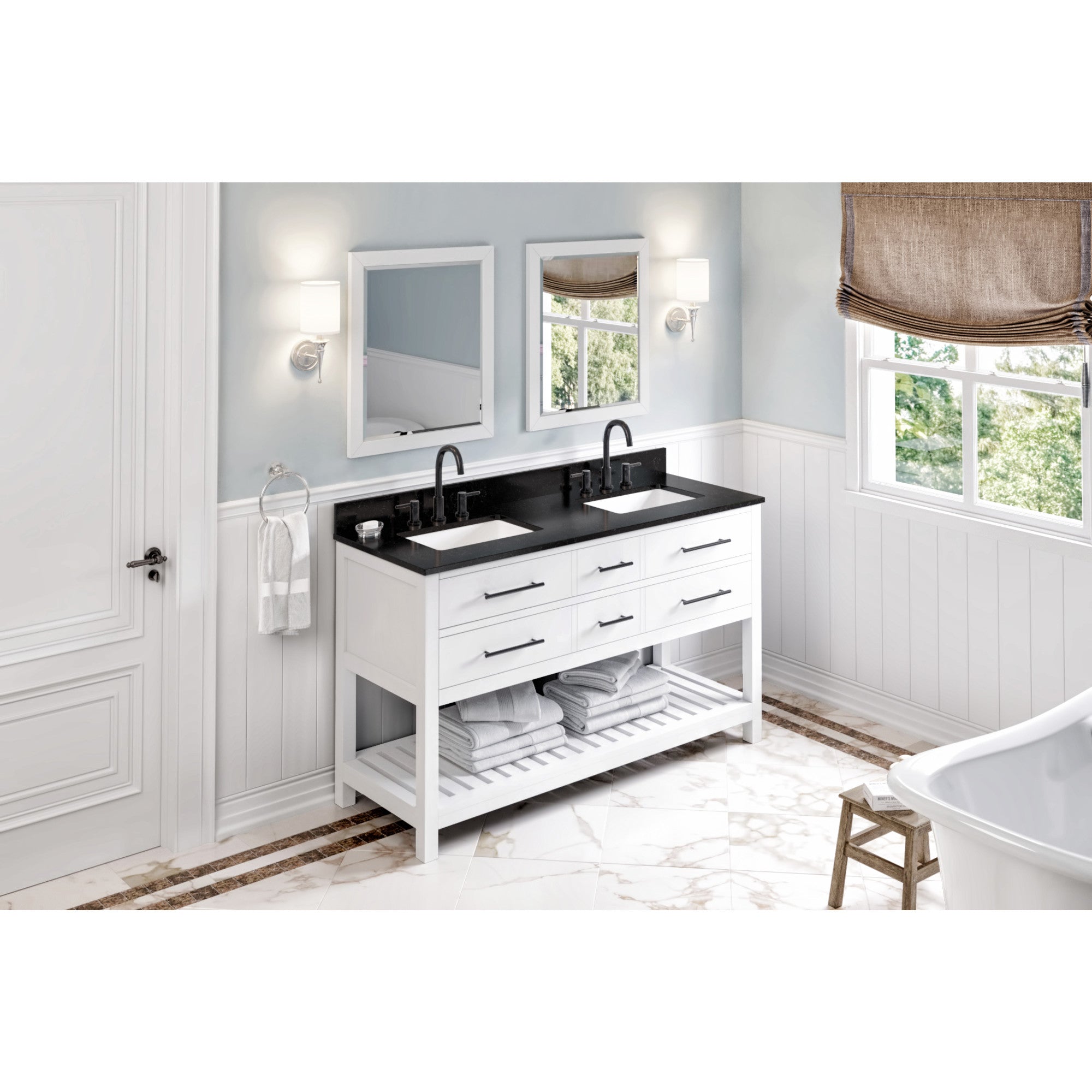 60" White Wavecrest Vanity, double bowl, Black Granite Vanity Top, two undermount rectangle bowls | KitchBath