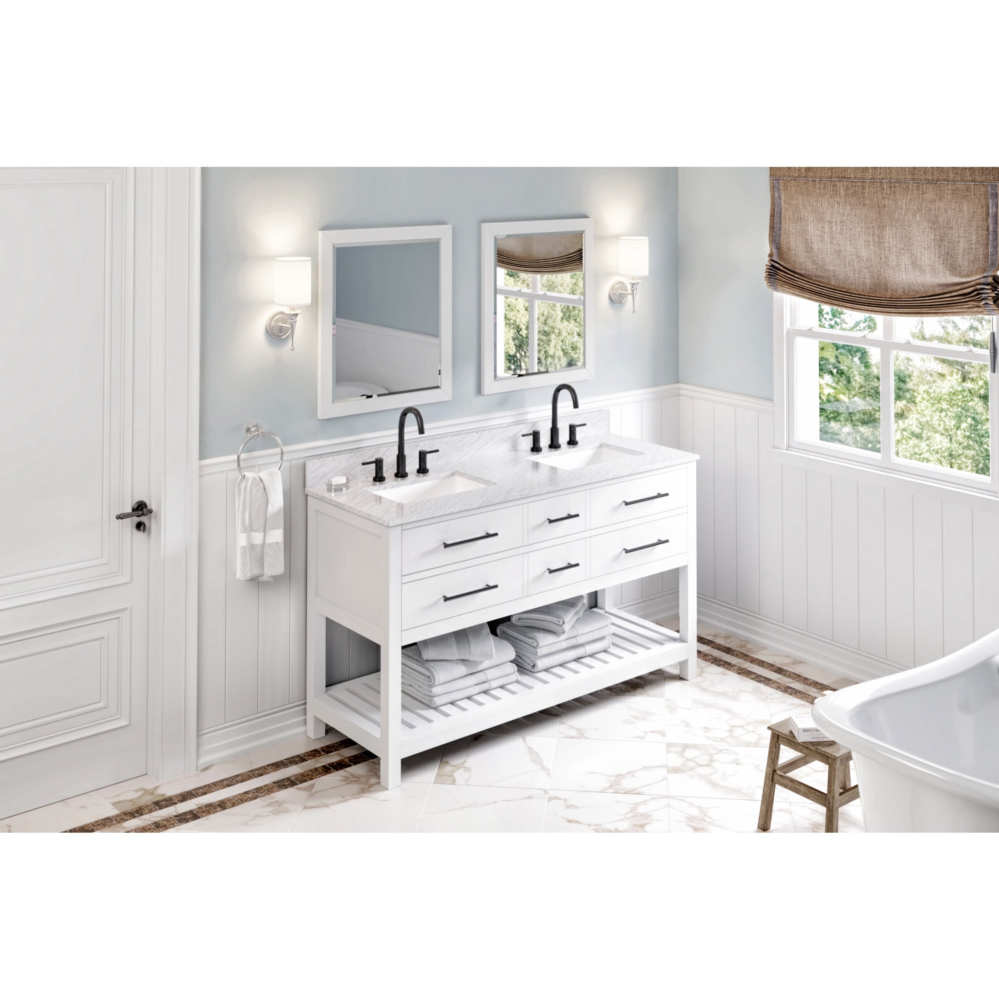 60" White Wavecrest Vanity, double bowl | KitchBath