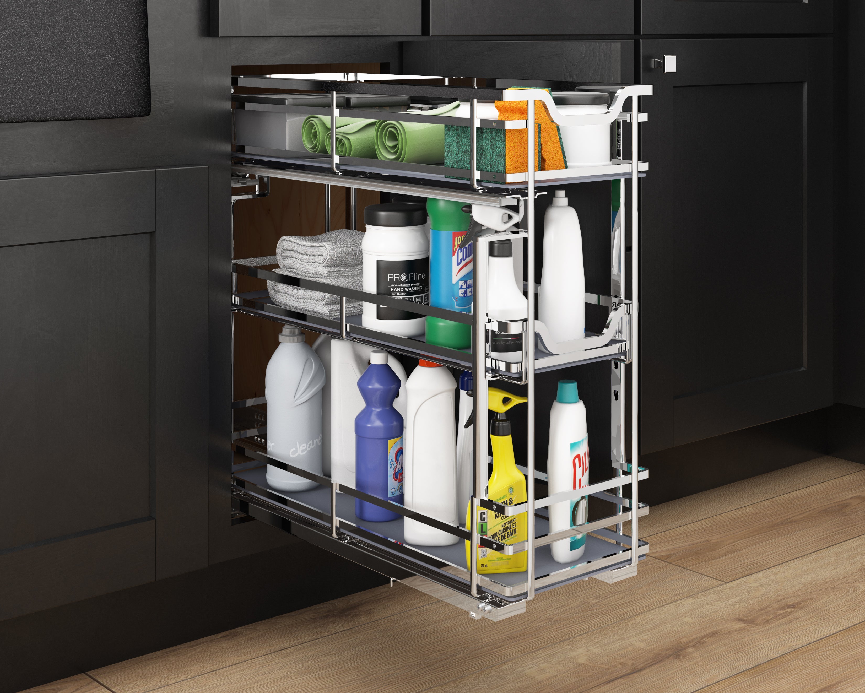 8" Polished Chrome STORAGE WITH STYLE® Metal "No Wiggle" Under Drawer Soft-close Base Pullout | KitchBath