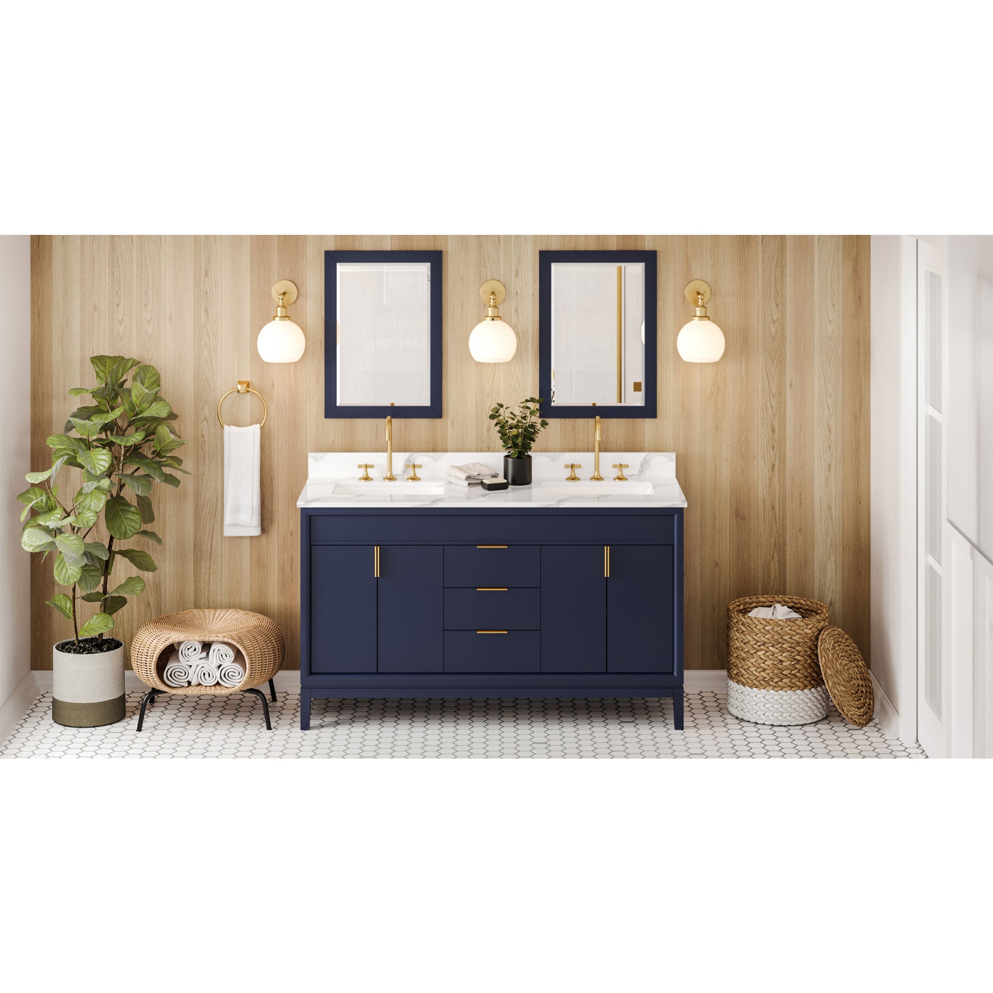 60" Hale Blue Theodora Vanity, double bowl, Calacatta Vienna Quartz Vanity Top, two undermount rectangle bowls | KitchBath