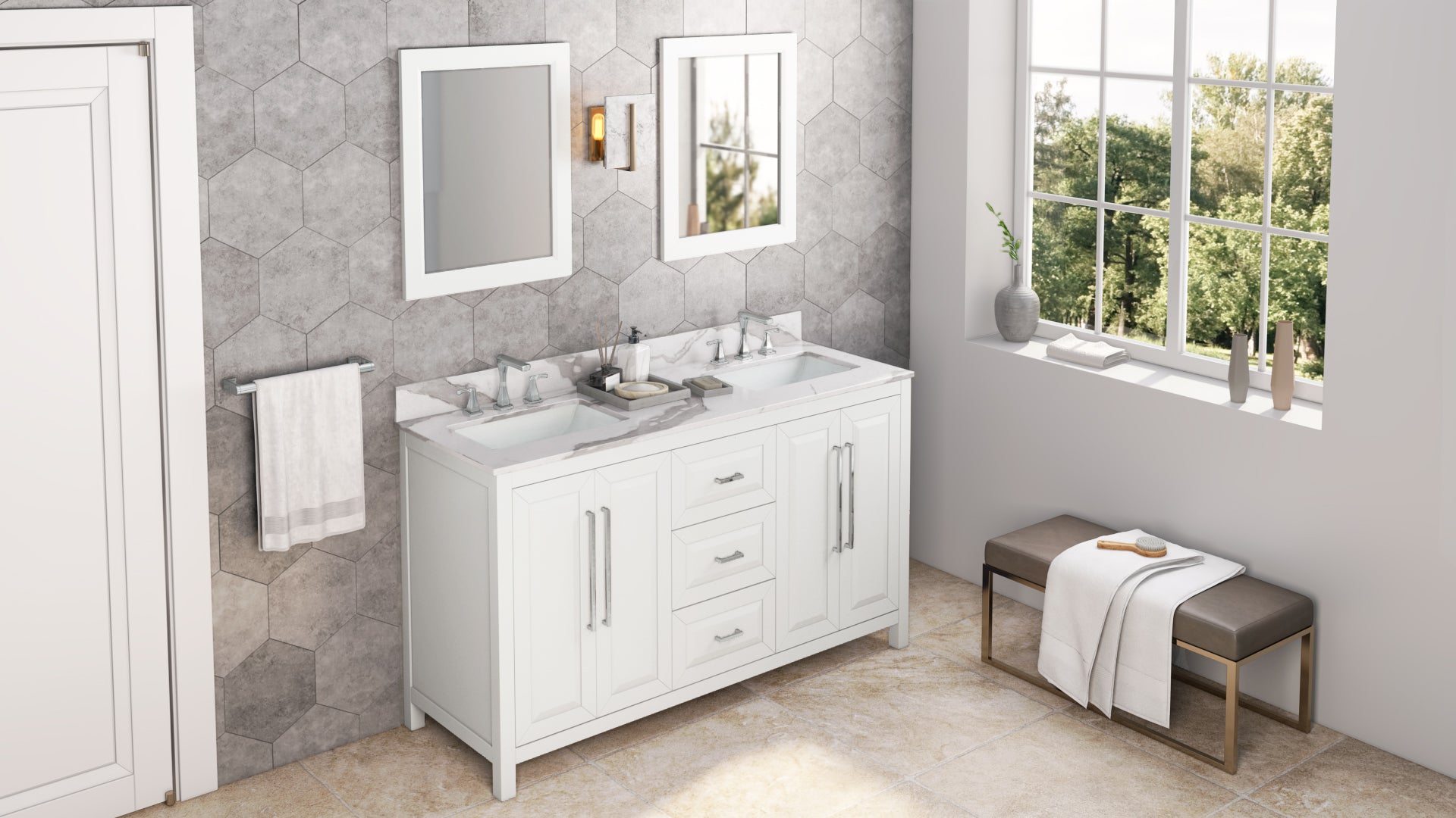 60" White Cade Vanity, double bowl, Calacatta Vienna Quartz Vanity Top, undermount rectangle bowl
