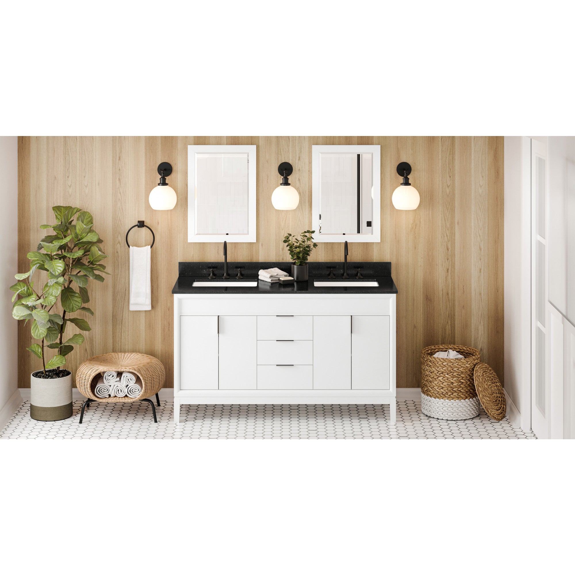 60" White Theodora Vanity, double bowl, Black Granite Vanity Top, two undermount rectangle bowls | KitchBath