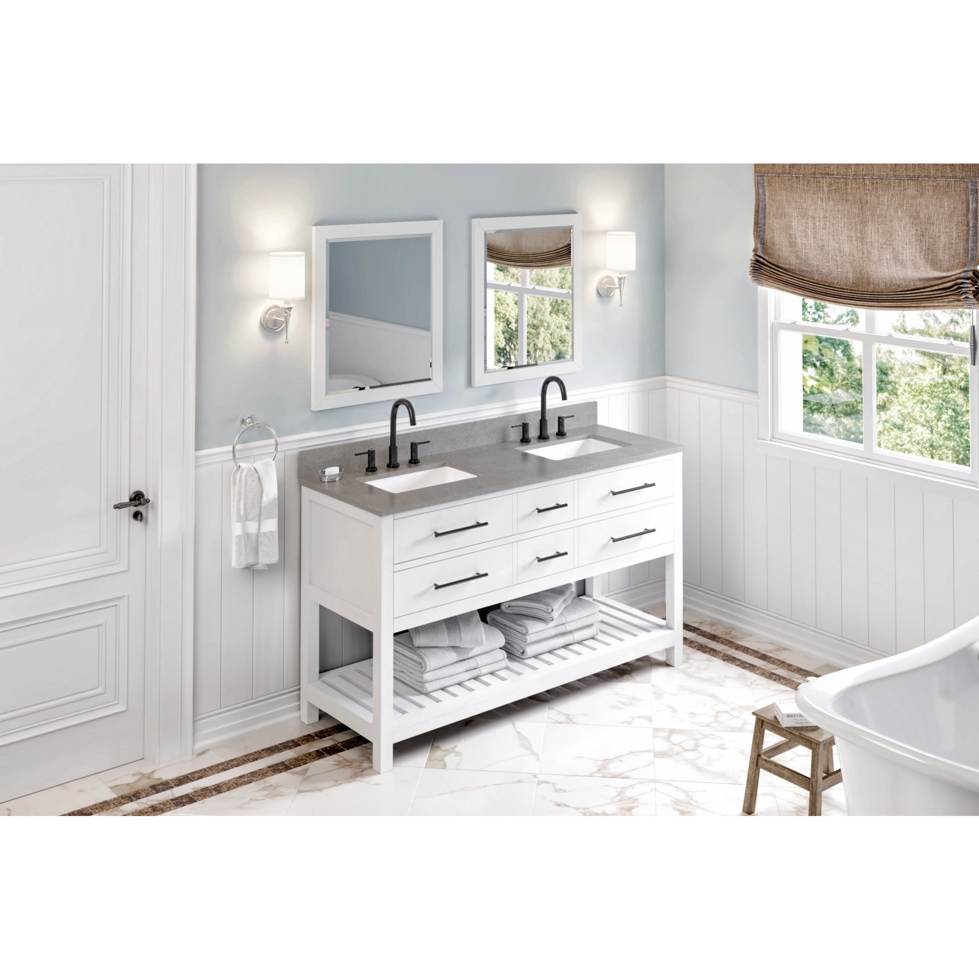 60" White Wavecrest Vanity, double bowl, Steel Grey Cultured Marble Vanity Top, two undermount rectangle bowls | KitchBath