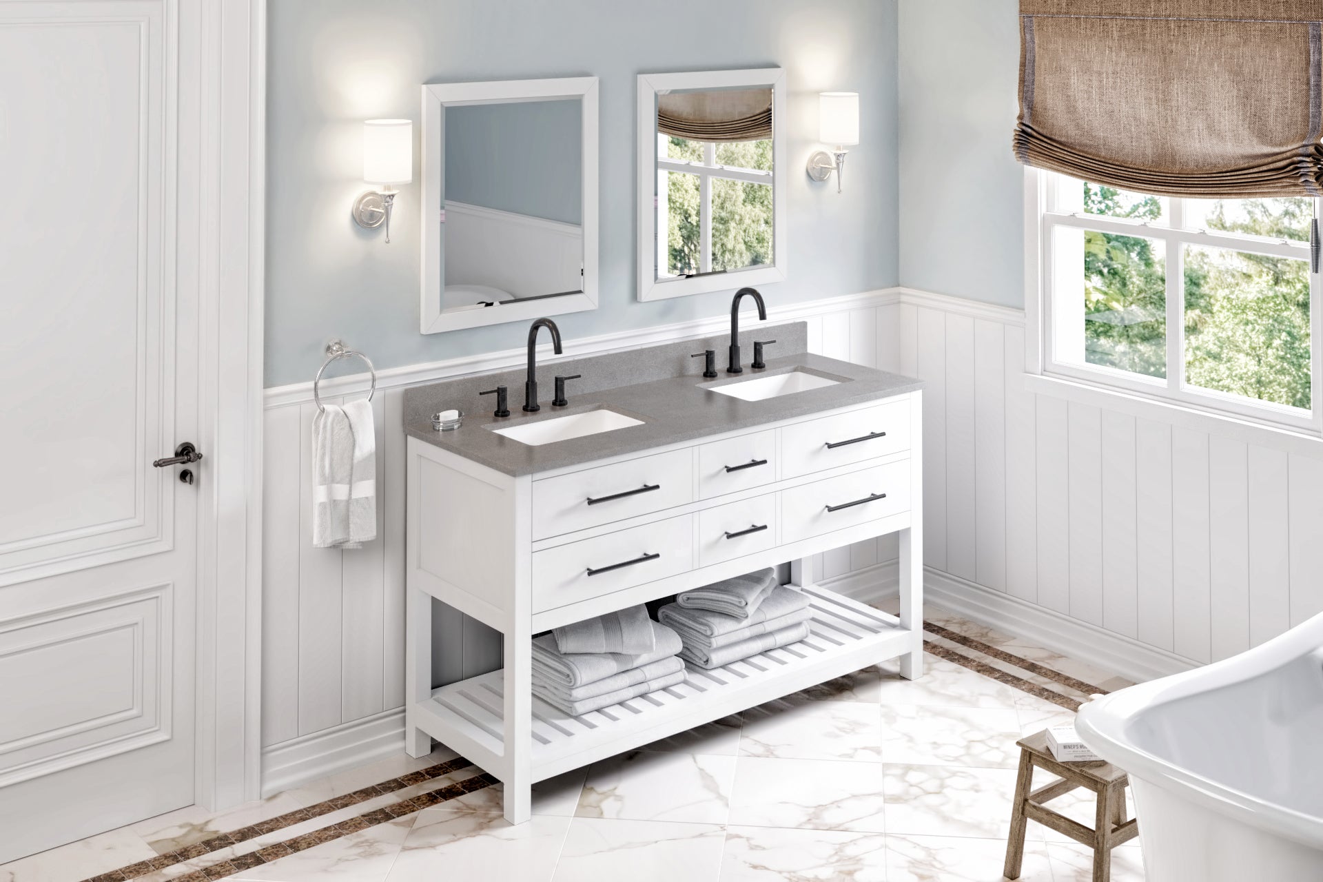 60" White Wavecrest Vanity, double bowl, Steel Grey Cultured Marble Vanity Top, two undermount rectangle bowls