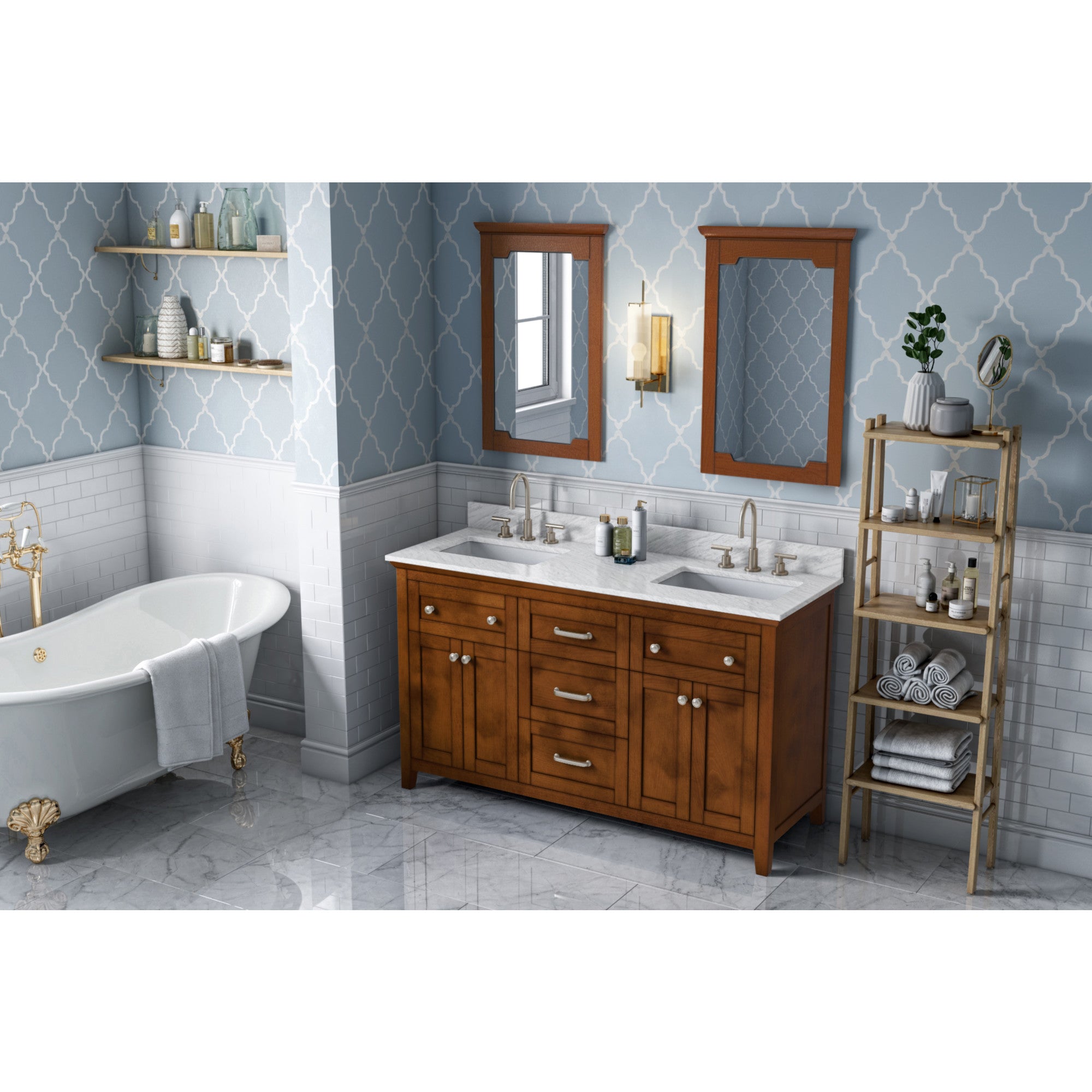 60" Chocolate Chatham Vanity, double bowl, White Carrara Marble Vanity Top, two undermount rectangle bowls | KitchBath