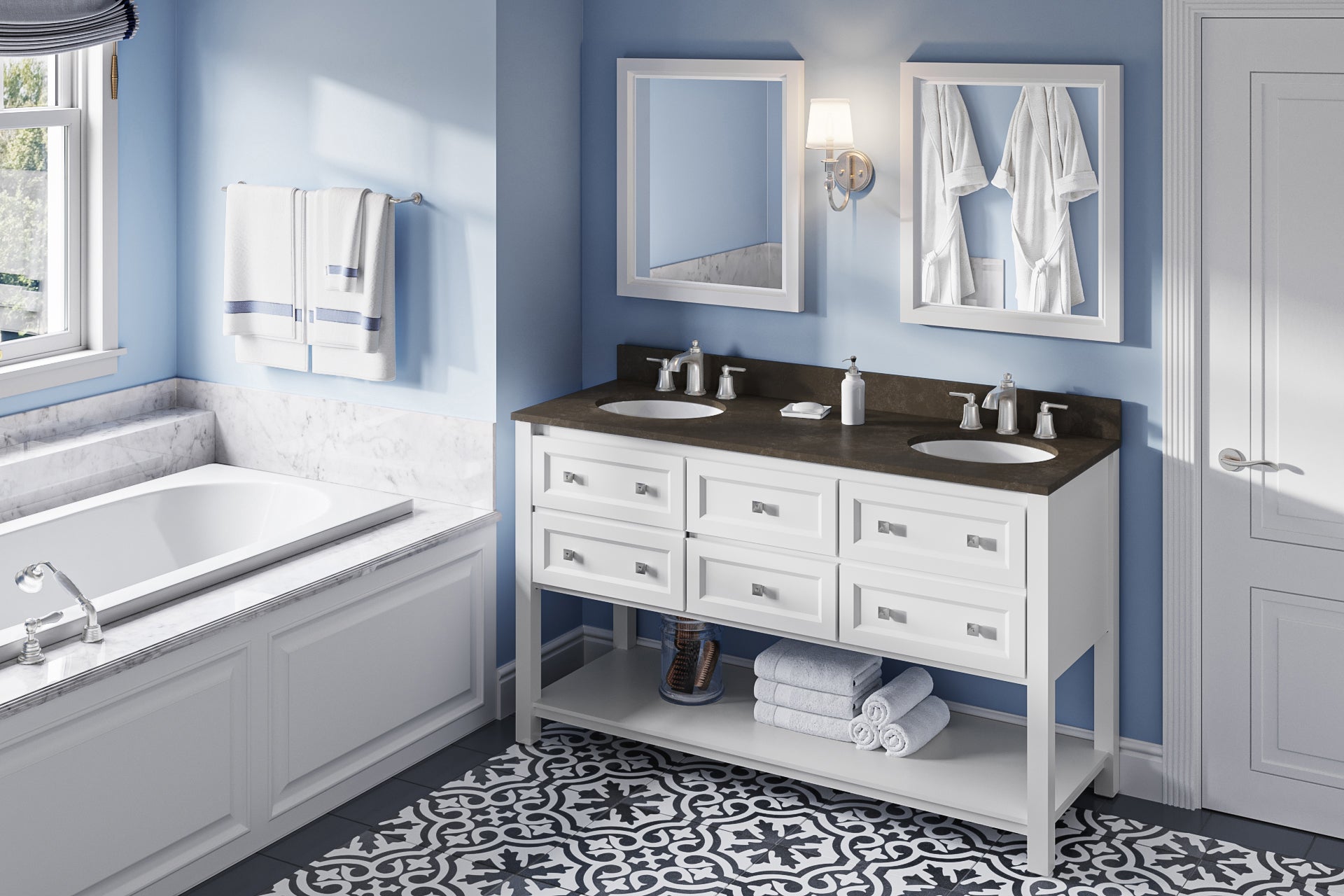 60" White Adler Vanity, double bowl | KitchBath