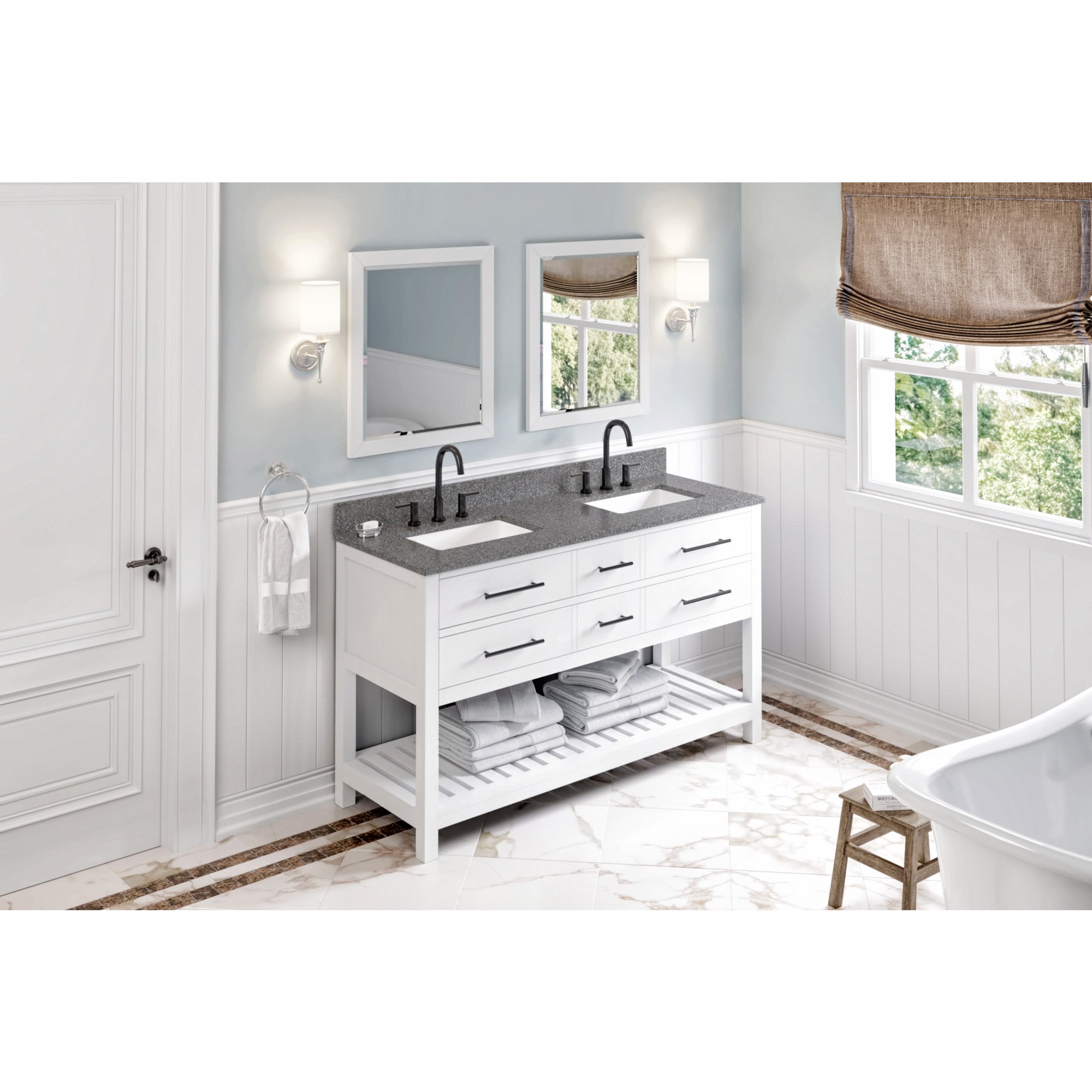60" White Wavecrest Vanity, double bowl, Boulder Cultured Marble Vanity Top, two undermount rectangle bowls | KitchBath