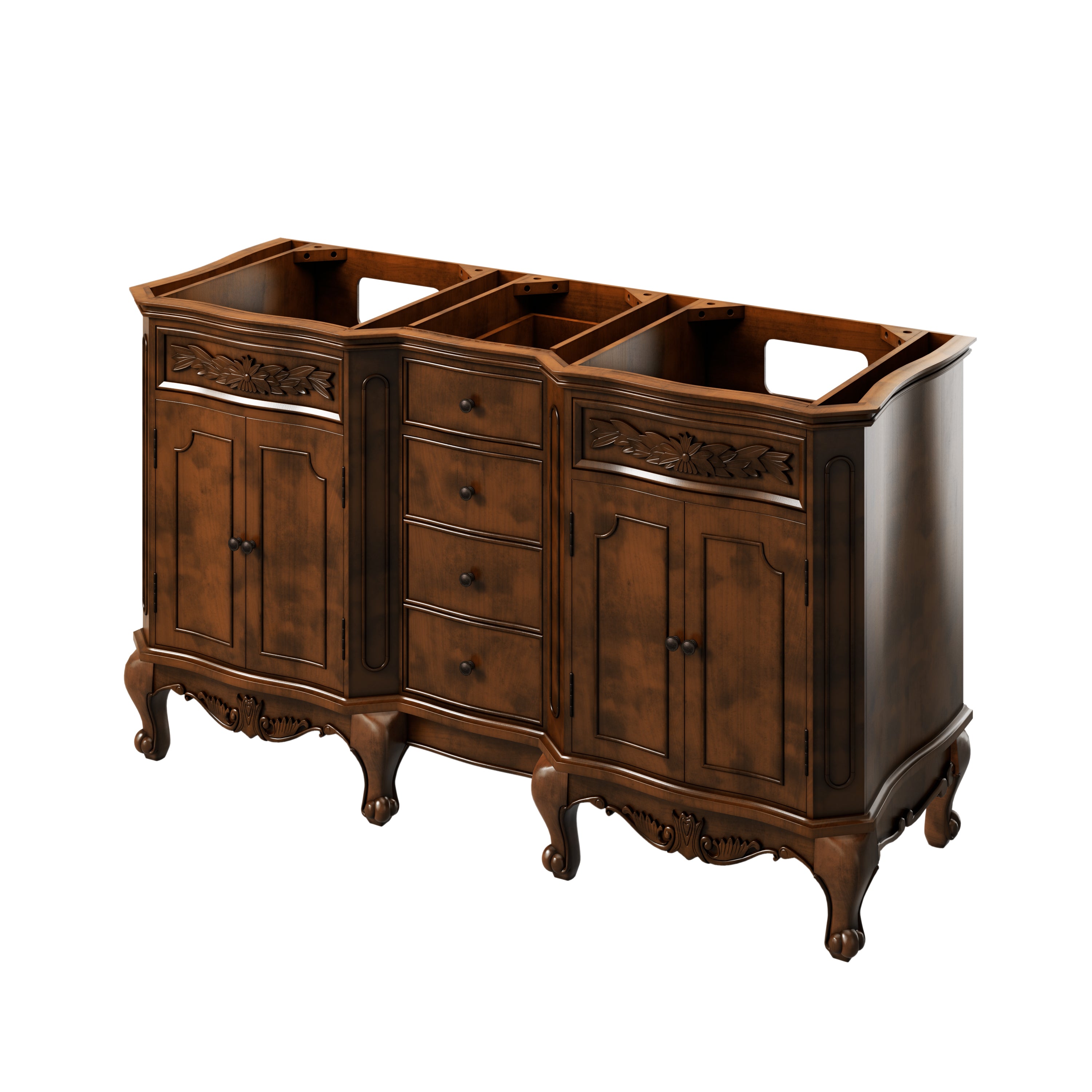 60" Nutmeg Clairemont Vanity, double bowl, Clairemont-only Black Granite Vanity Top, two undermount rectangle bowls | KitchBath