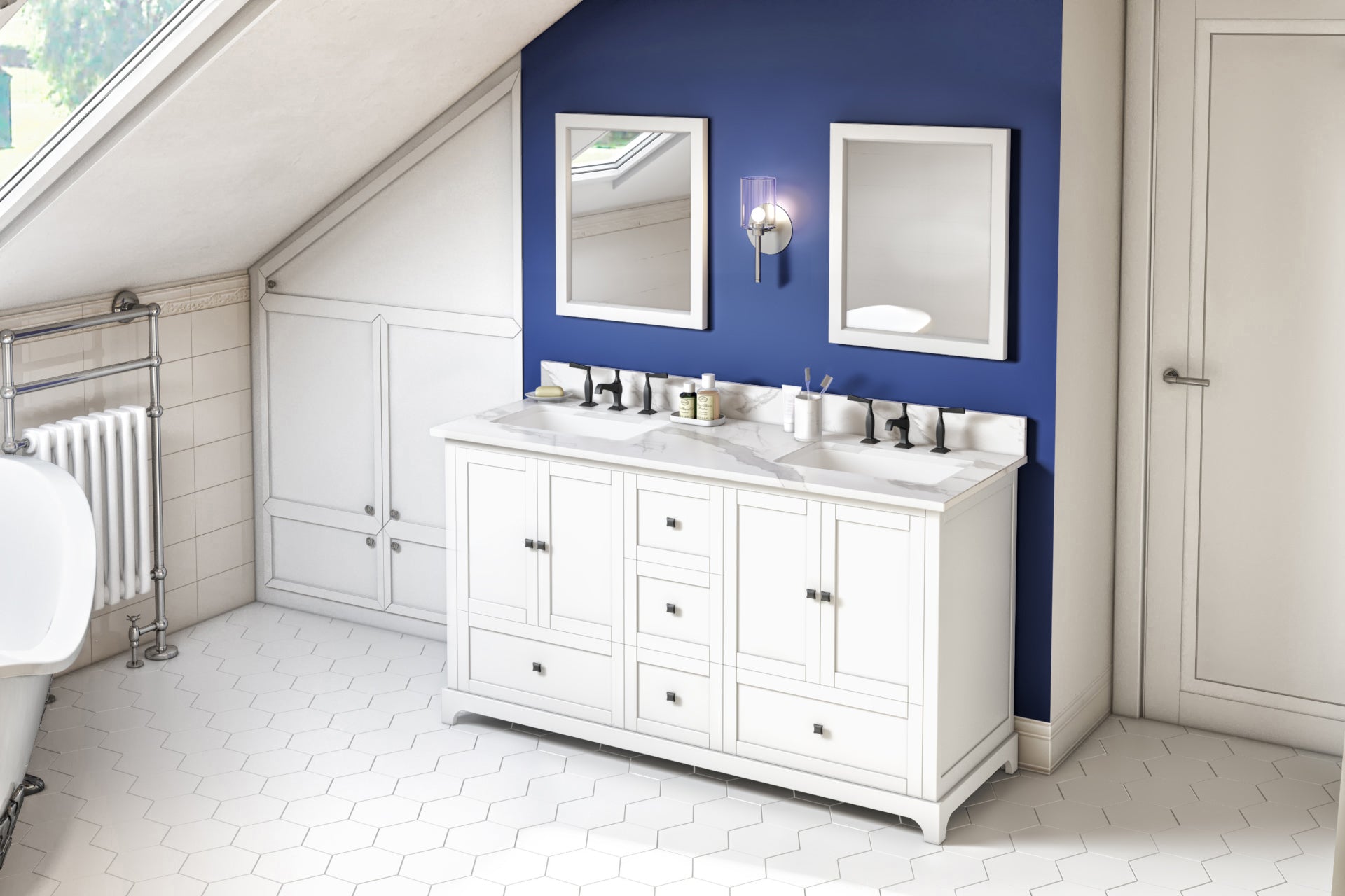60" White Addington Vanity, double bowl, Calacatta Vienna Quartz Vanity Top, two undermount rectangle bowls