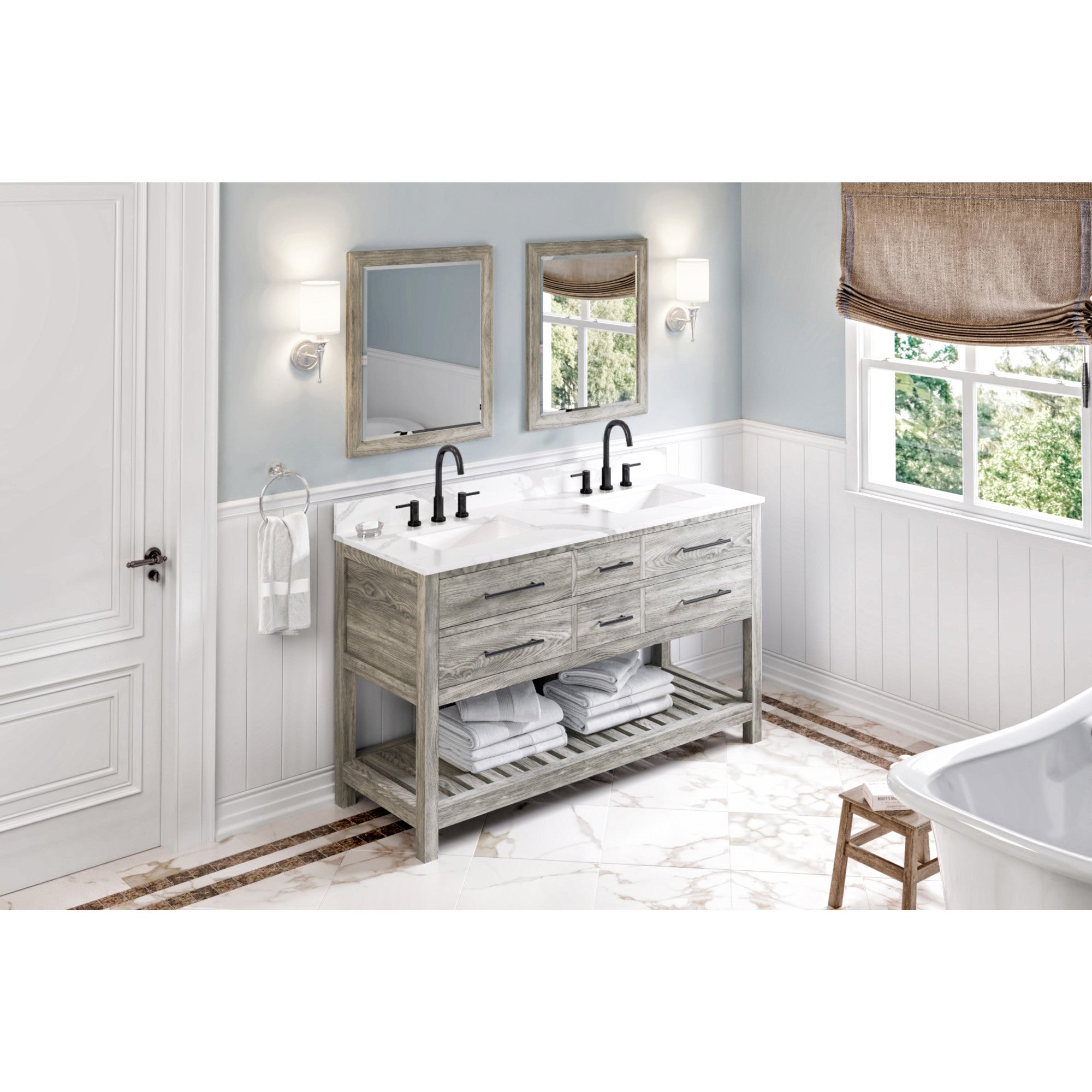 60" Weathered Grey Wavecrest Vanity, double bowl, Calacatta Vienna Quartz Vanity Top, two undermount rectangle bowls | KitchBath