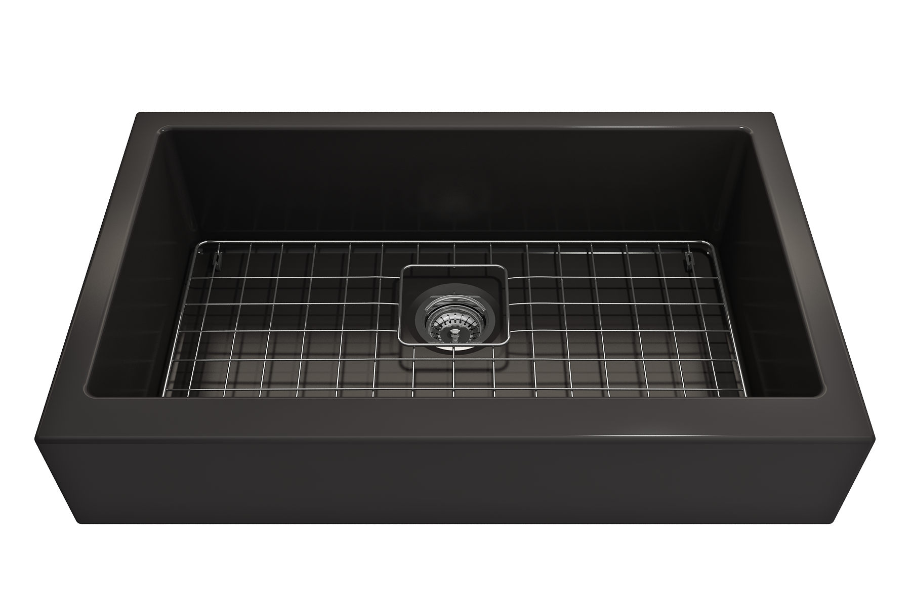 Nuova Pro Short Apron Front Dual-Mount Fireclay 34 in. Single Bowl Kitchen Sink with Protective Bottom Grid and Strainer in Matte Black