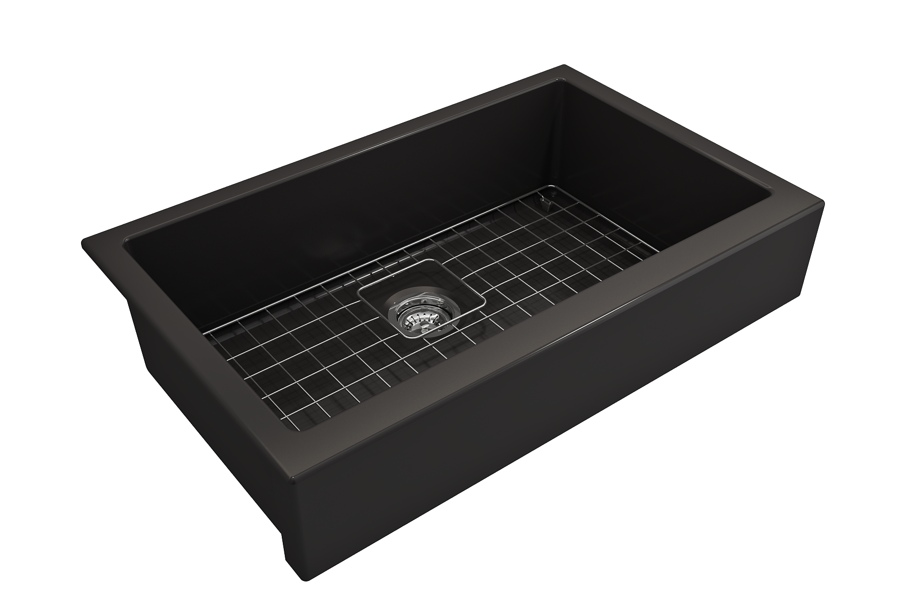 Nuova Pro Short Apron Front Dual-Mount Fireclay 34 in. Single Bowl Kitchen Sink with Protective Bottom Grid and Strainer in Matte Black