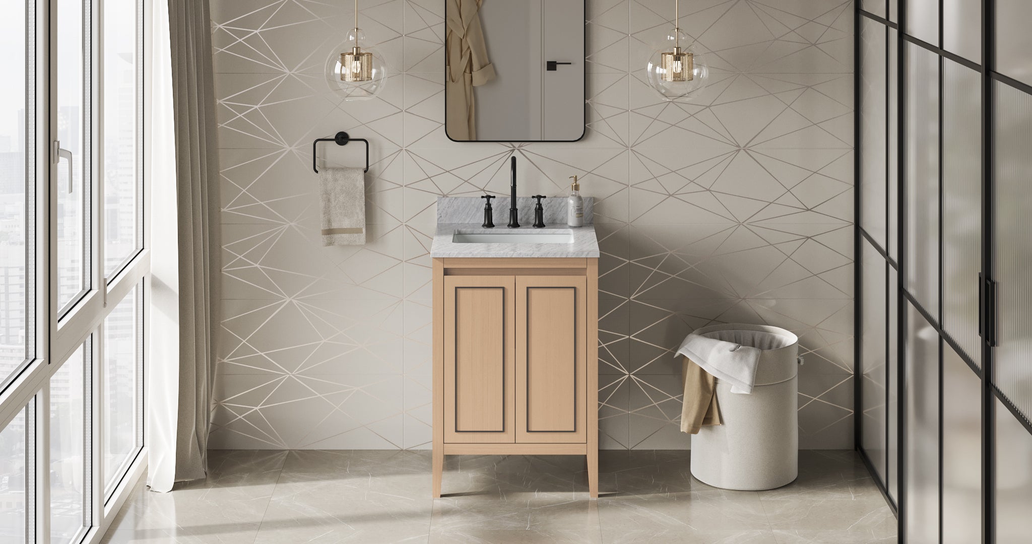 Percival 24" Single Bathroom Vanity Set Natural Oak, White Carrara Marble Vanity Top, Rectangle Bowl | KitchBath