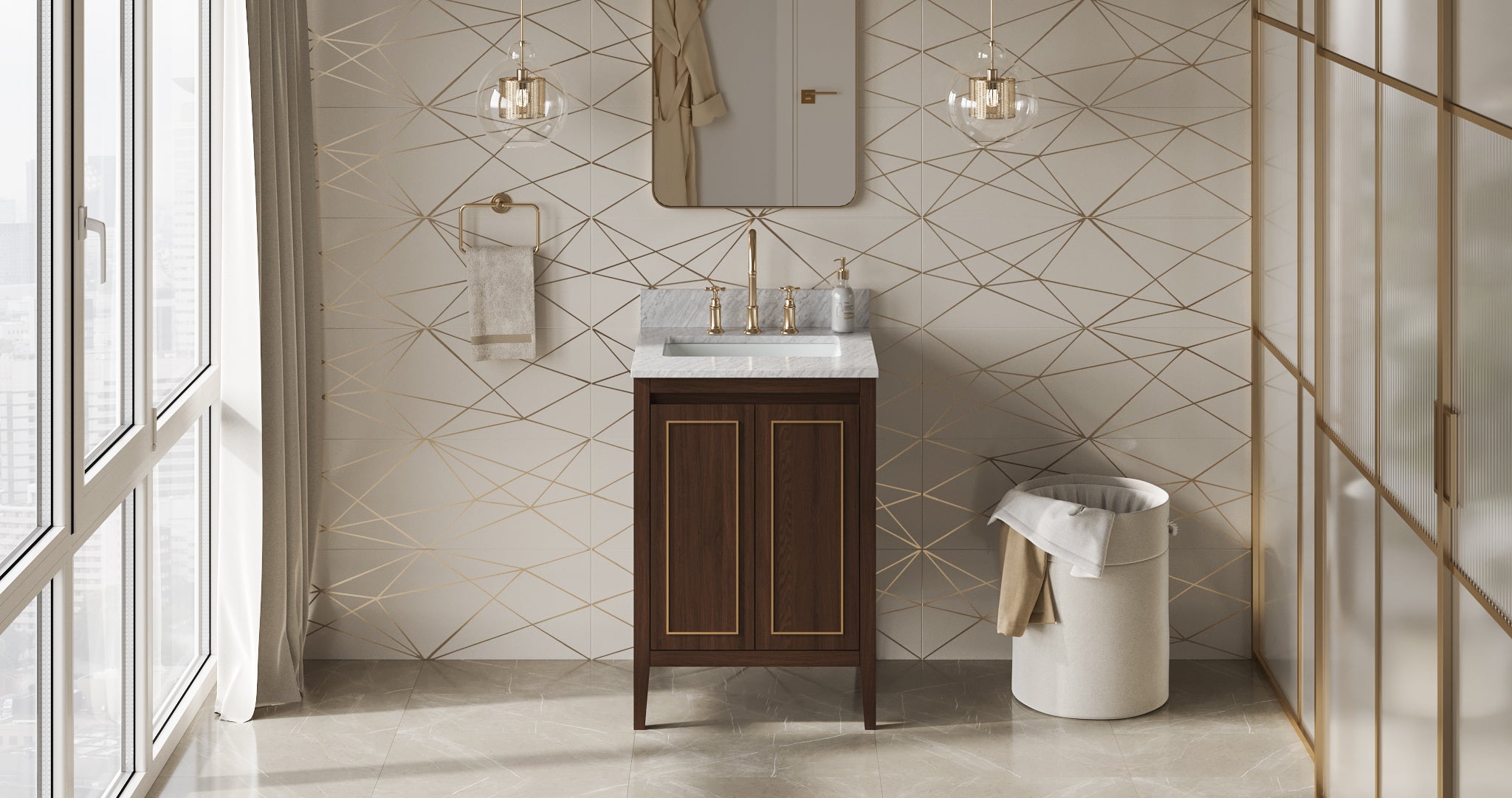 Percival 24" Single Bathroom Vanity Set Dark Walnut, White Carrara Marble Vanity Top, Rectangle Bowl | KitchBath