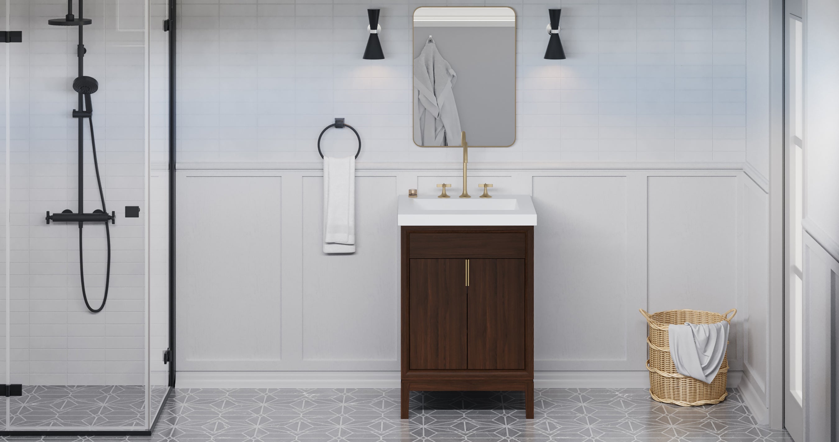 Theodora 24" Single Bathroom Vanity Set Dark Walnut, White Resin Vanity Top, Rectangle Bowl | KitchBath
