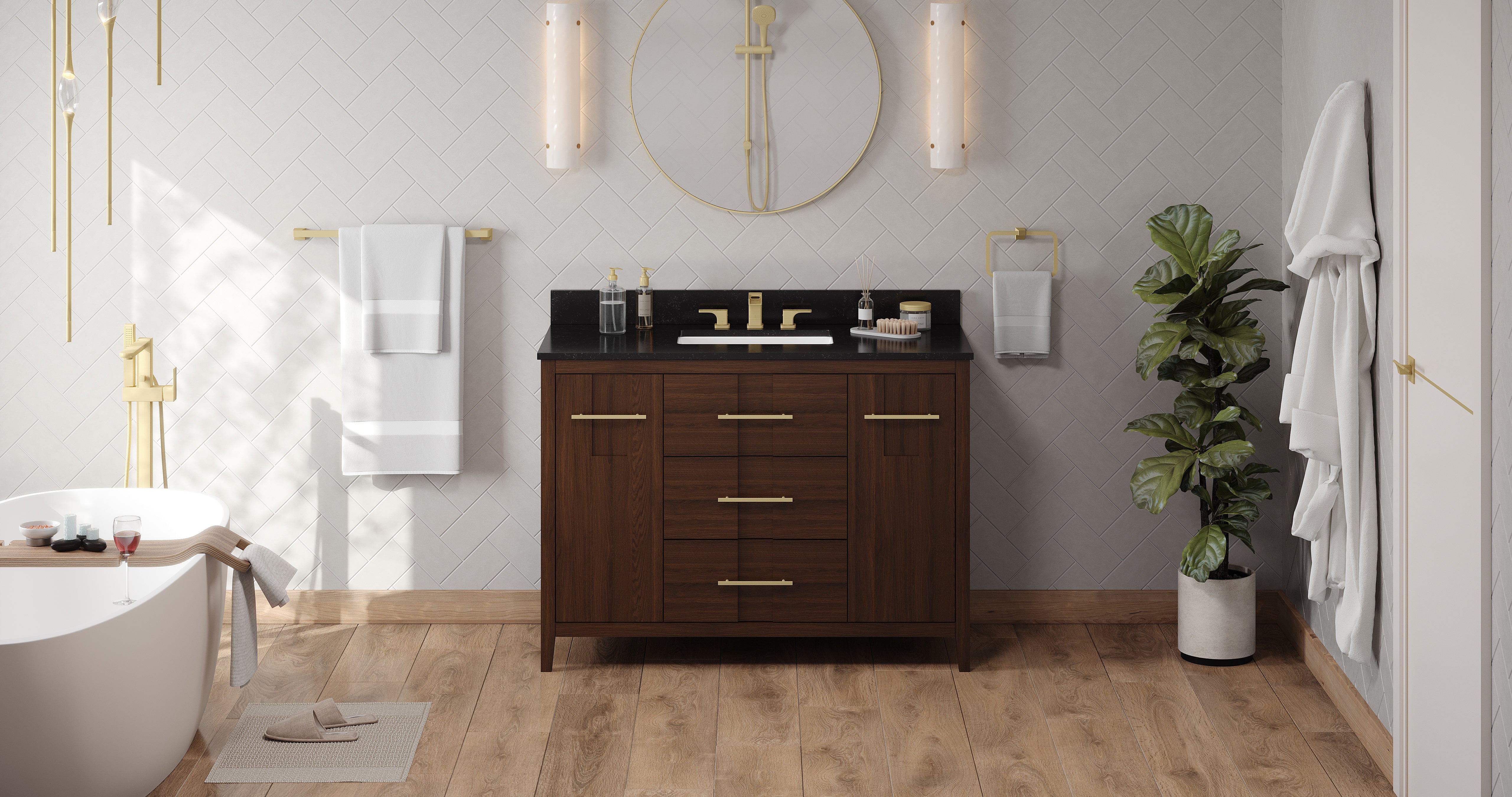 Katara 48" Single Bathroom Vanity Set Dark Walnut, Black Granite Vanity Top, Rectangle Bowl | KitchBath