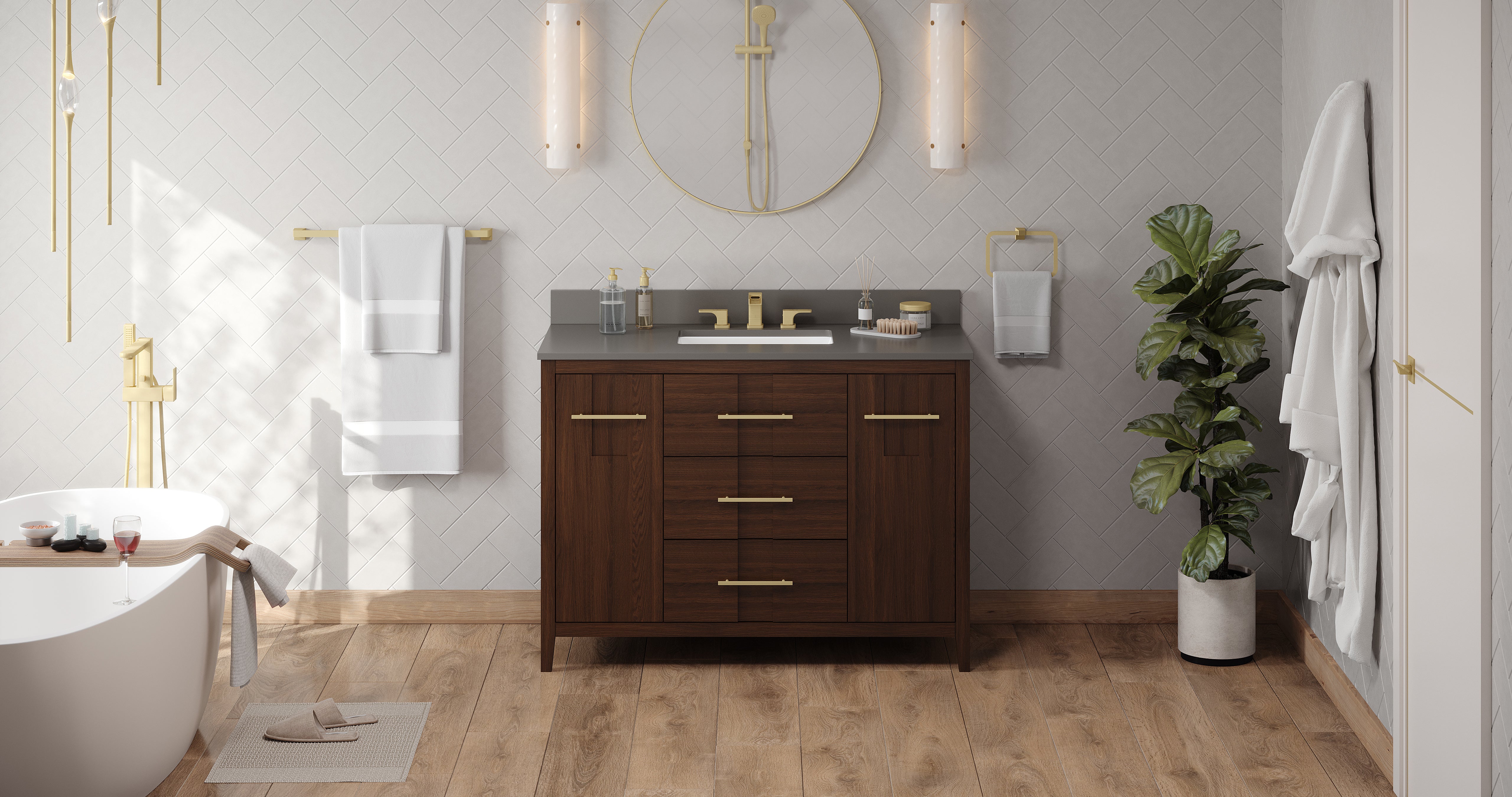 Katara 48" Single Bathroom Vanity Set Dark Walnut, Grey Quartz Vanity Top, Rectangle Bowl | KitchBath