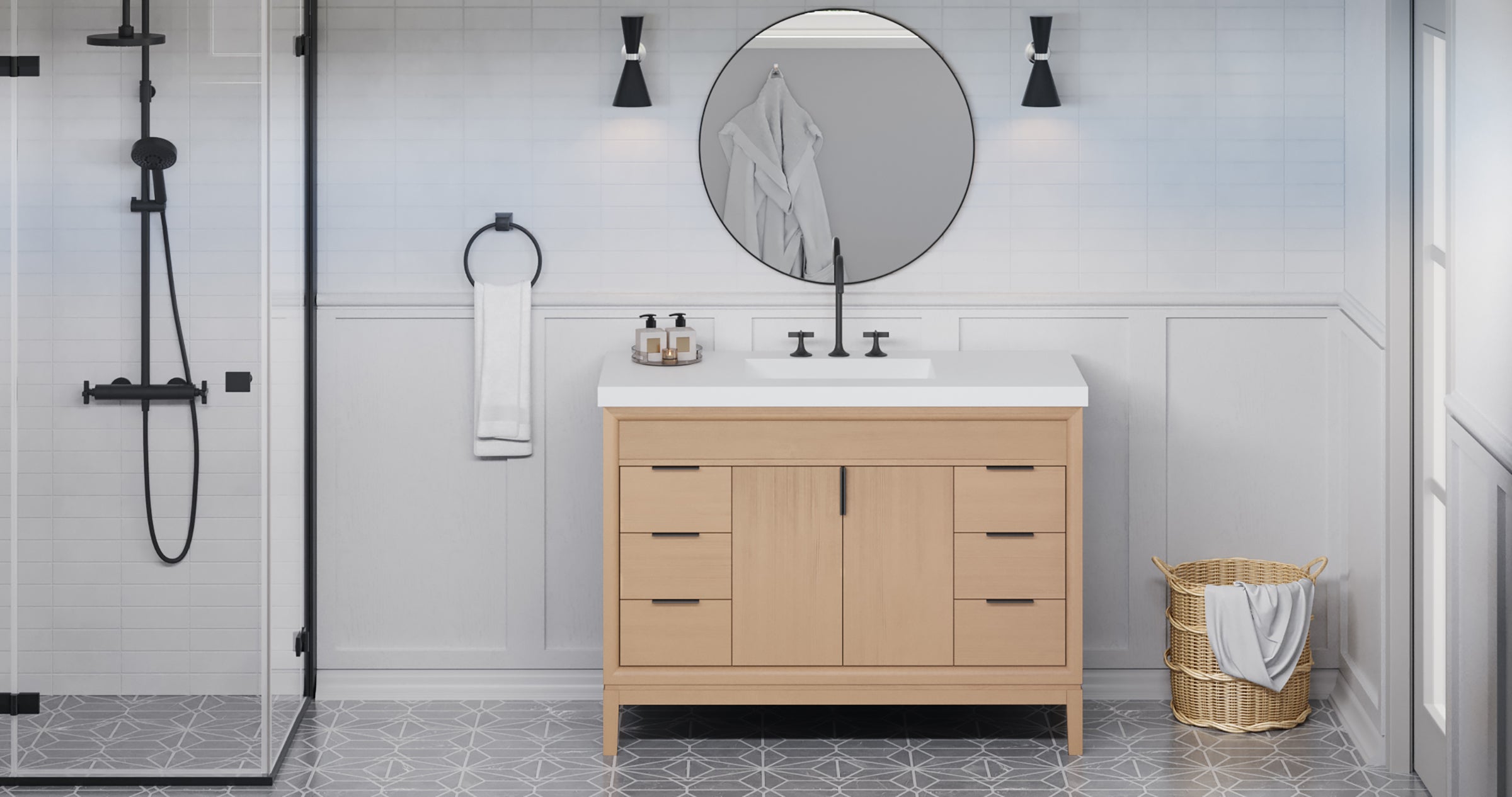 Theodora 48" Single Bathroom Vanity Set Natural Oak, White Resin Vanity Top, Rectangle Bowl | KitchBath