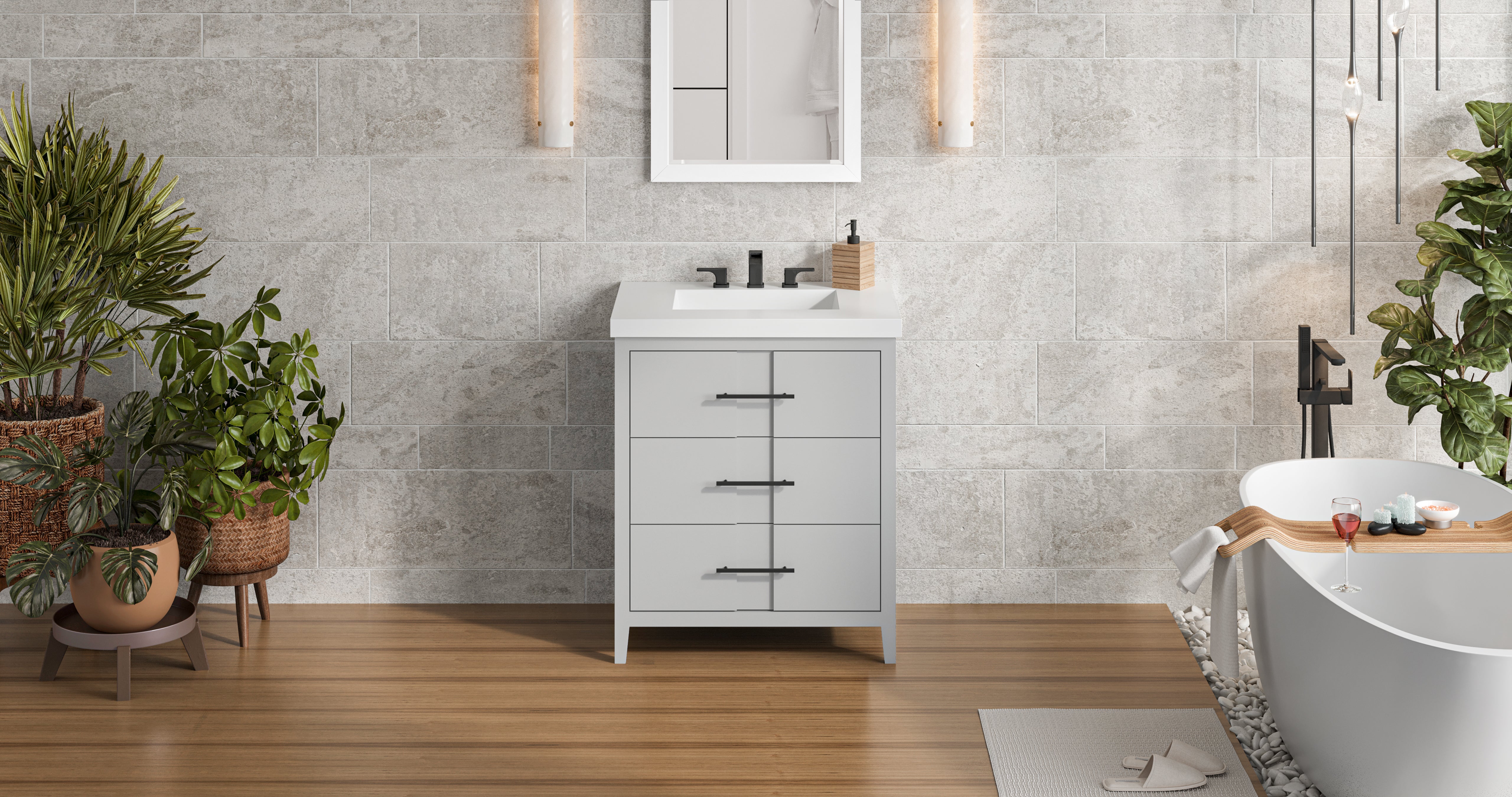 Katara 30" Single Bathroom Vanity Set Grey, White Resin Vanity Top, Rectangle Bowl | KitchBath