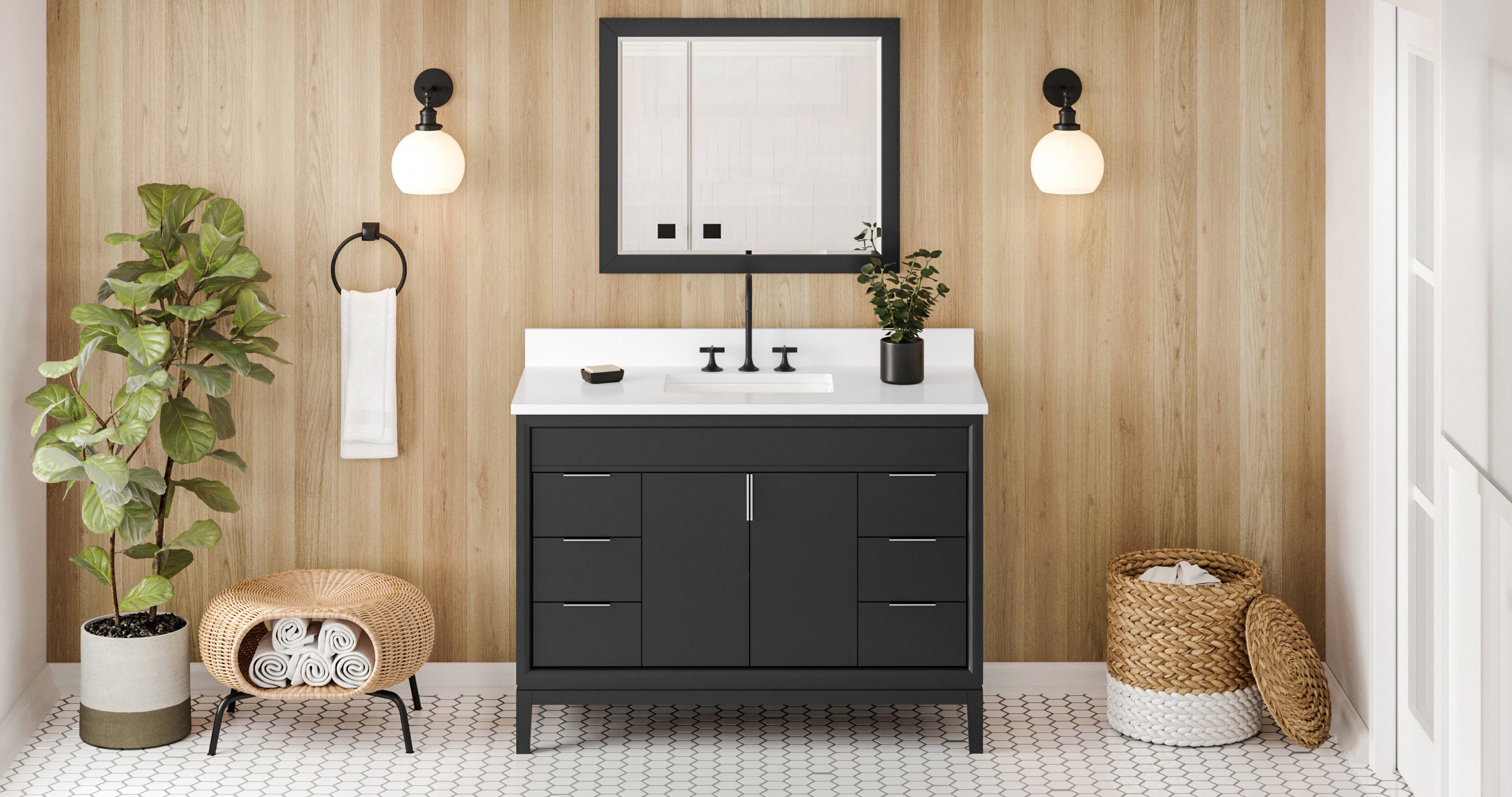 Theodora 48" Black Theodora Vanity, White Quartz Vanity Top, Undermount Rectangle Bowl | KitchBath