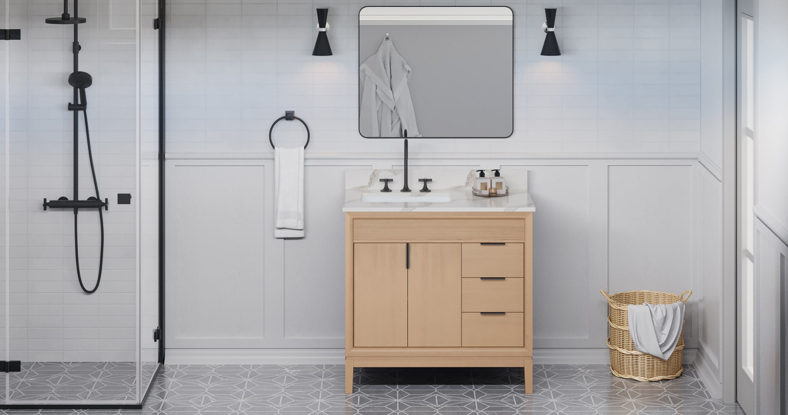 Theodora 36" Single Bathroom Vanity Set Natural Oak, Calacatta Vienna Quartz Vanity Top, Rectangle Bowl | KitchBath