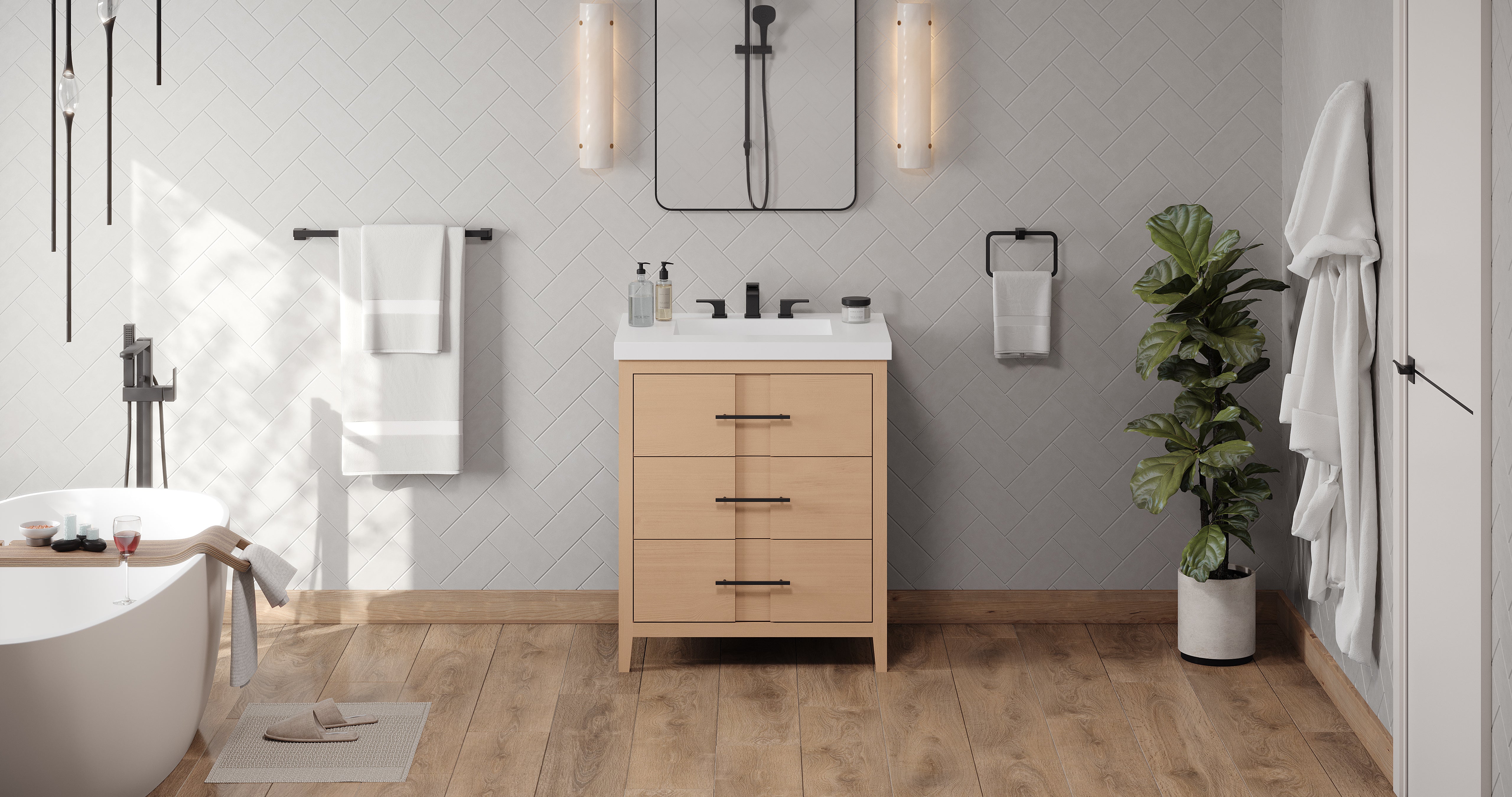 Katara 30" Single Bathroom Vanity Set Natural Oak, White Resin Vanity Top, Rectangle Bowl | KitchBath
