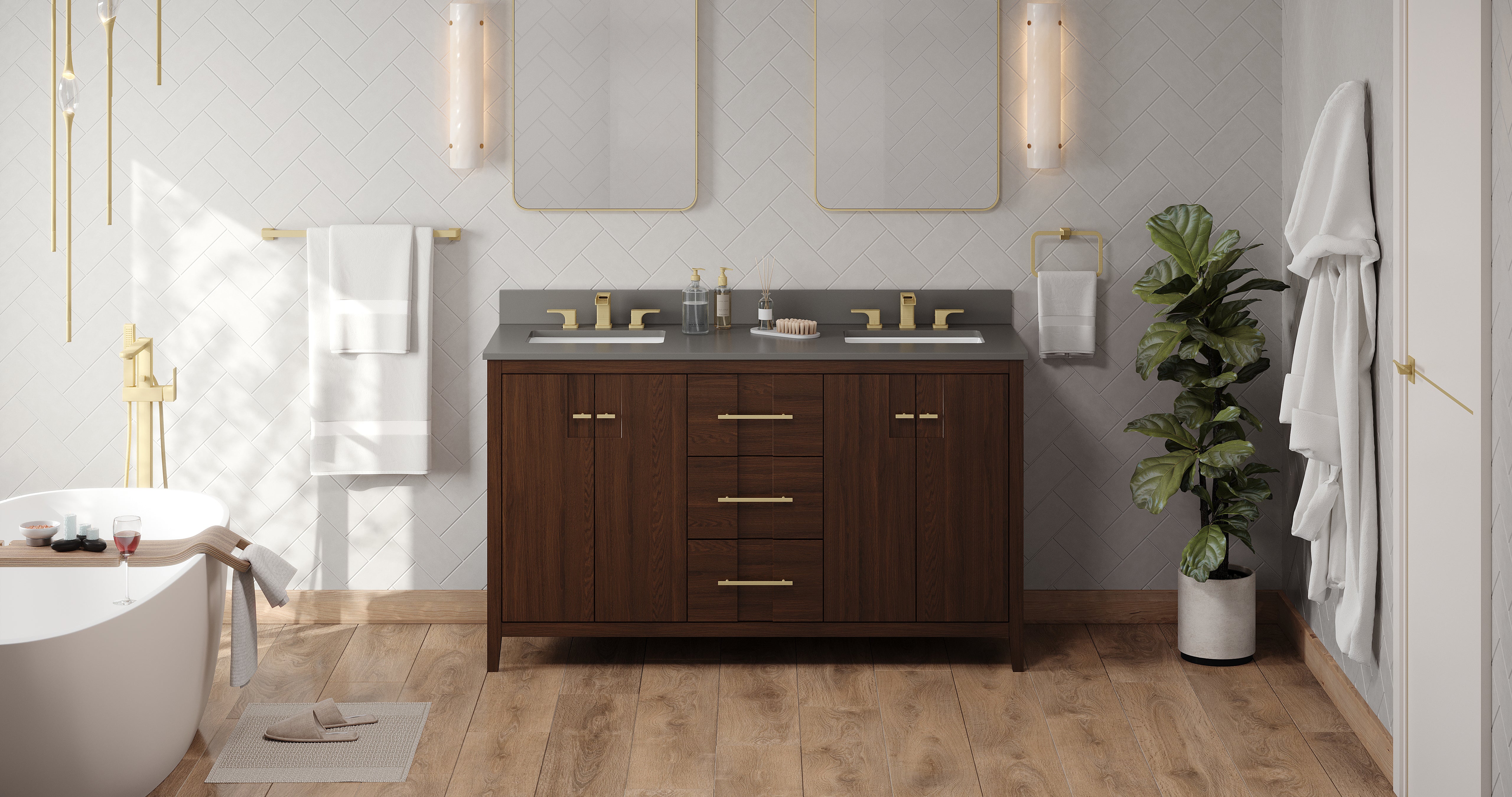 Katara 60" Double Bathroom Vanity Set Dark Walnut, Grey Quartz Vanity Top, Rectangle Bowl | KitchBath