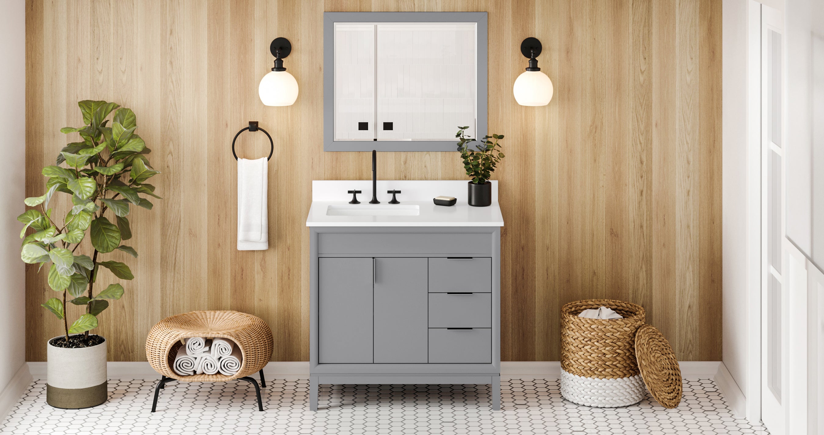 Theodora 36" Grey Theodora Vanity, Left Offset, White Quartz Vanity Top, Undermount Rectangle Bowl | KitchBath