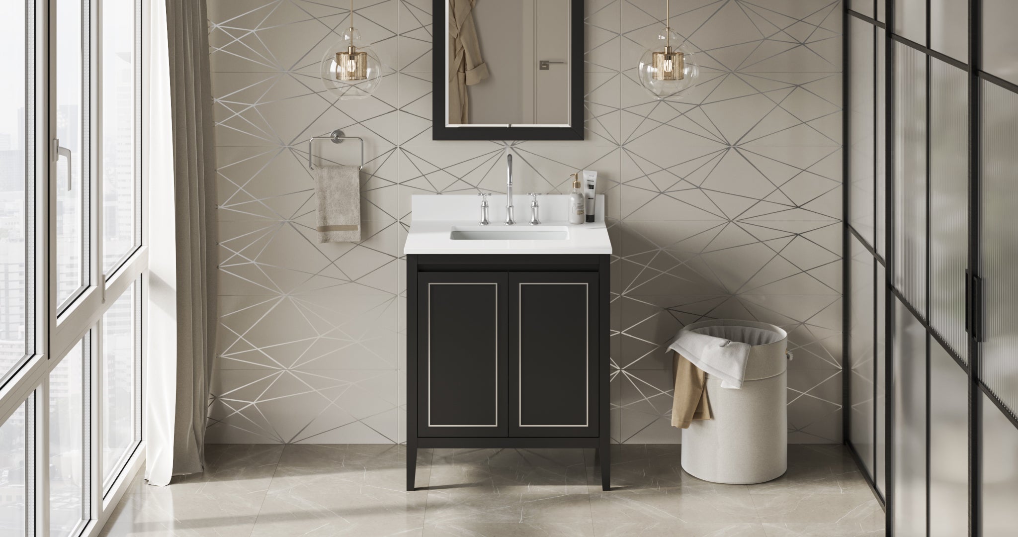 Percival 30" Black Percival Vanity, White Quartz Vanity Top, Undermount Rectangle Bowl | KitchBath