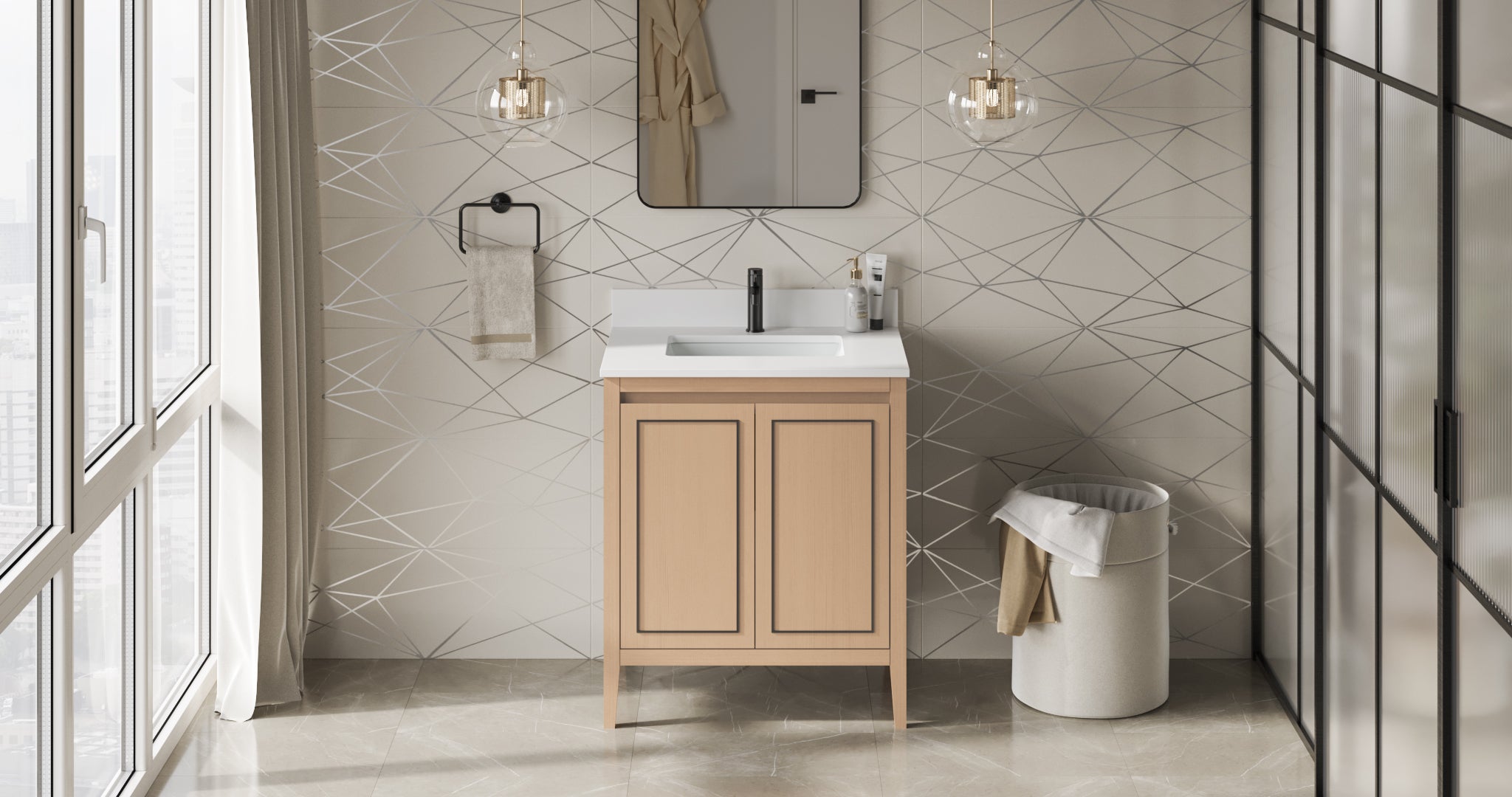 Percival 30" Single Bathroom Vanity Set Natural Oak, White Quartz Vanity Top, Rectangle Bowl | KitchBath