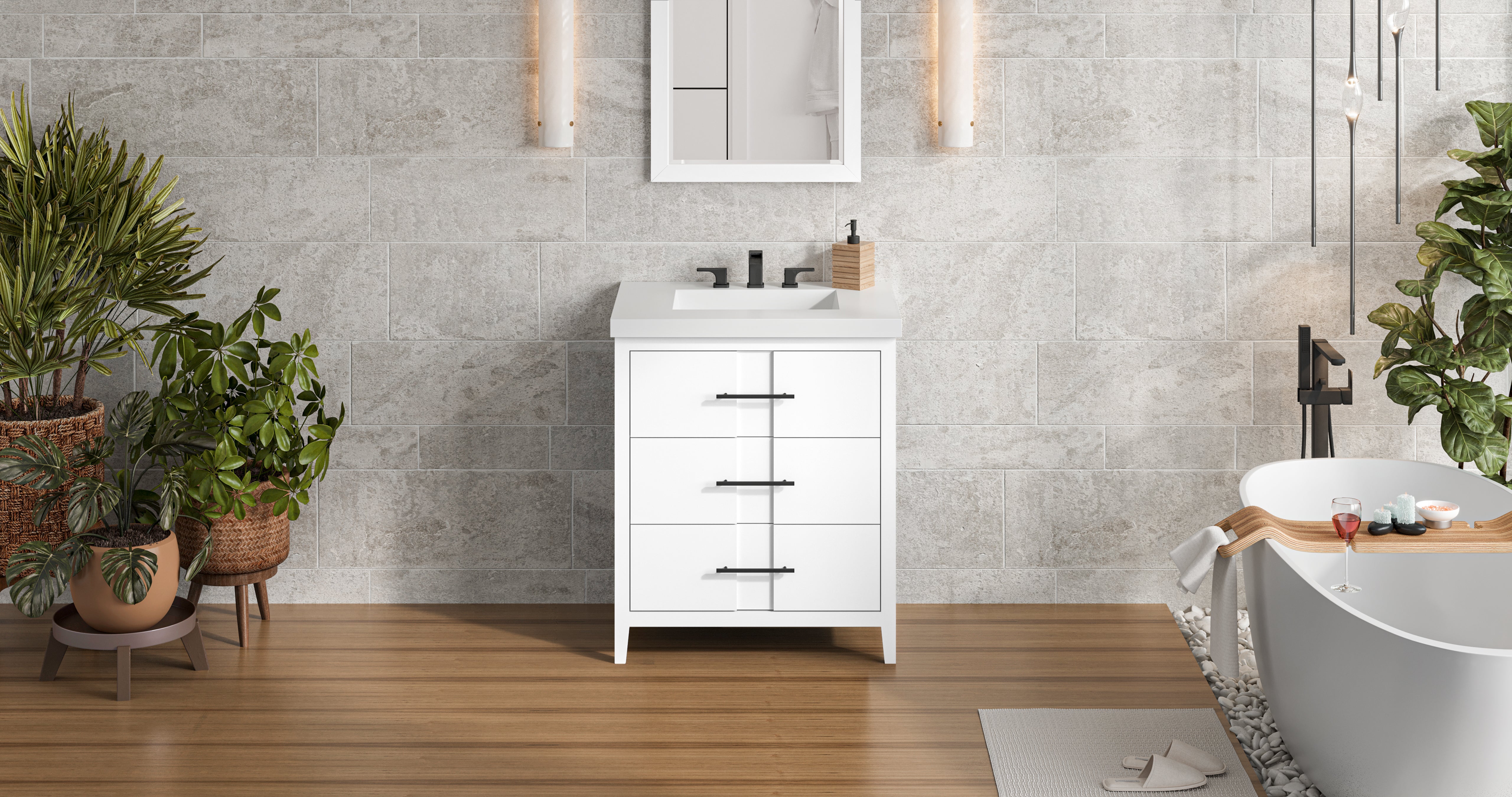 Katara 30" Single Bathroom Vanity Set White, White Resin Vanity Top, Rectangle Bowl | KitchBath
