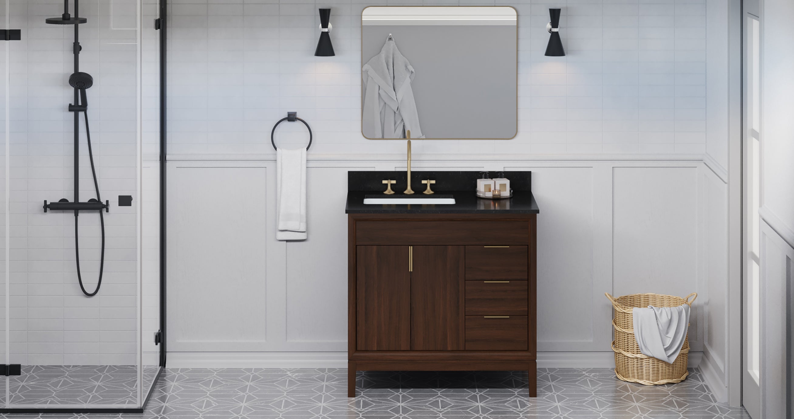 Theodora 36" Single Bathroom Vanity Set Dark Walnut, Black Granite Vanity Top, Rectangle Bowl | KitchBath