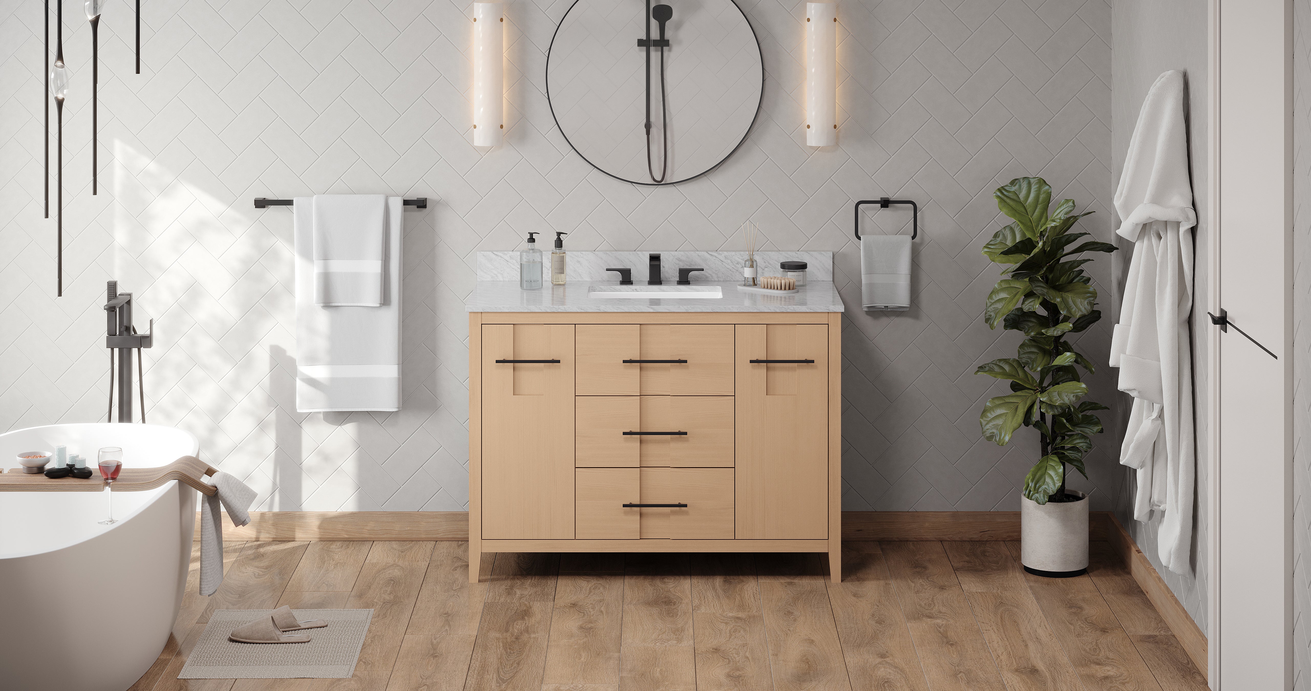 Katara 48" Single Bathroom Vanity Set Natural Oak, White Carrara Marble Vanity Top, Rectangle Bowl | KitchBath