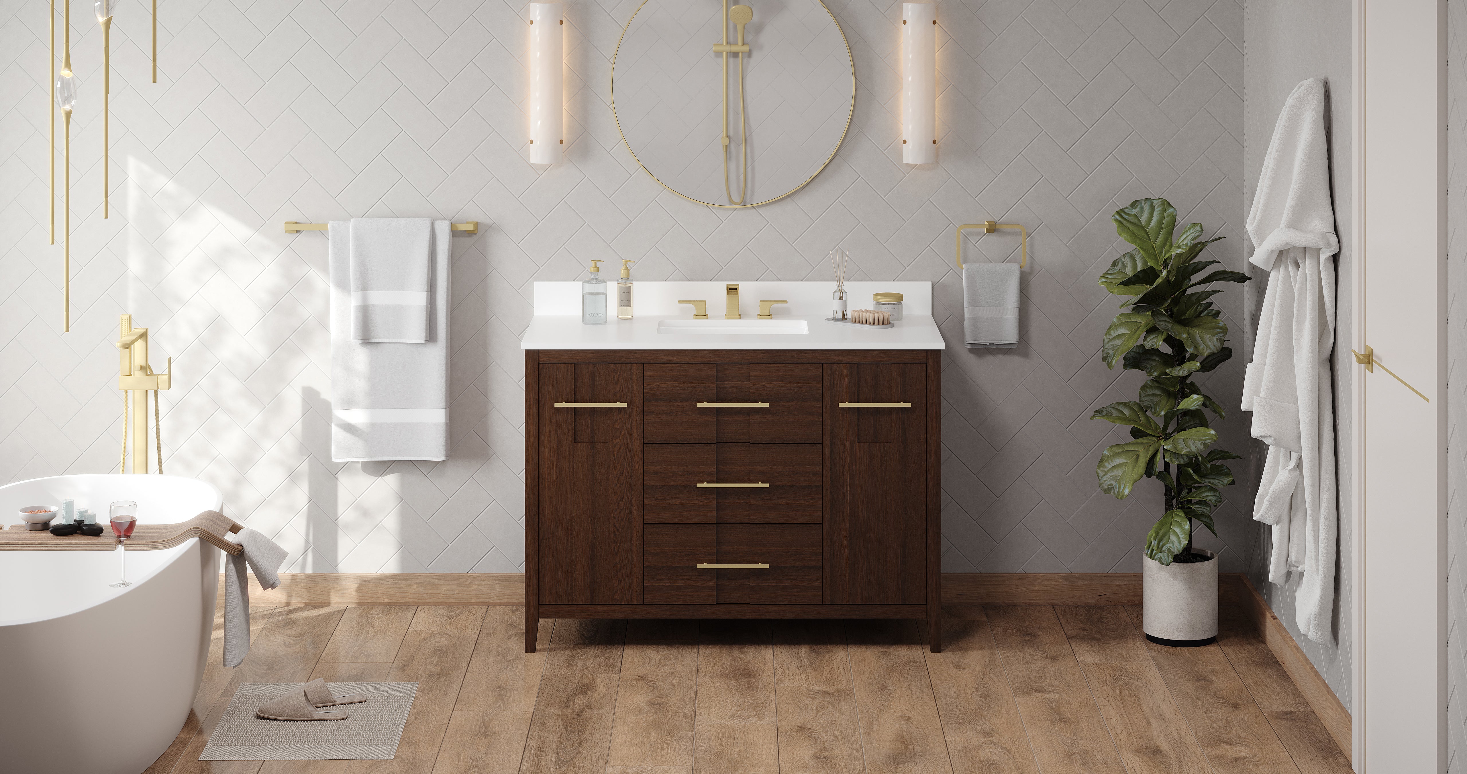 Katara 48" Single Bathroom Vanity Set Dark Walnut, White Quartz Vanity Top, Rectangle Bowl | KitchBath