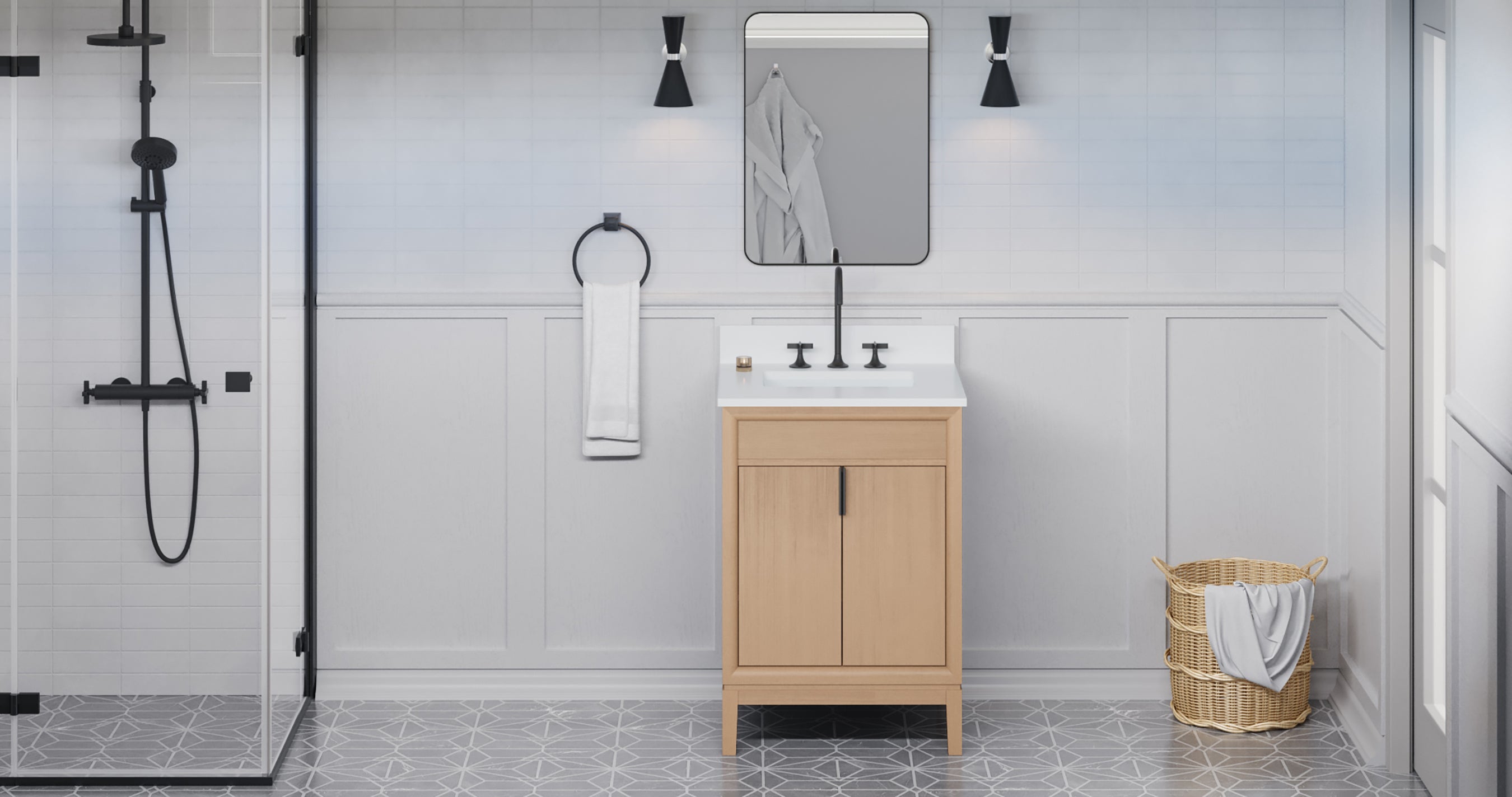 Theodora 24" Single Bathroom Vanity Set Natural Oak, White Quartz Vanity Top, Rectangle Bowl | KitchBath