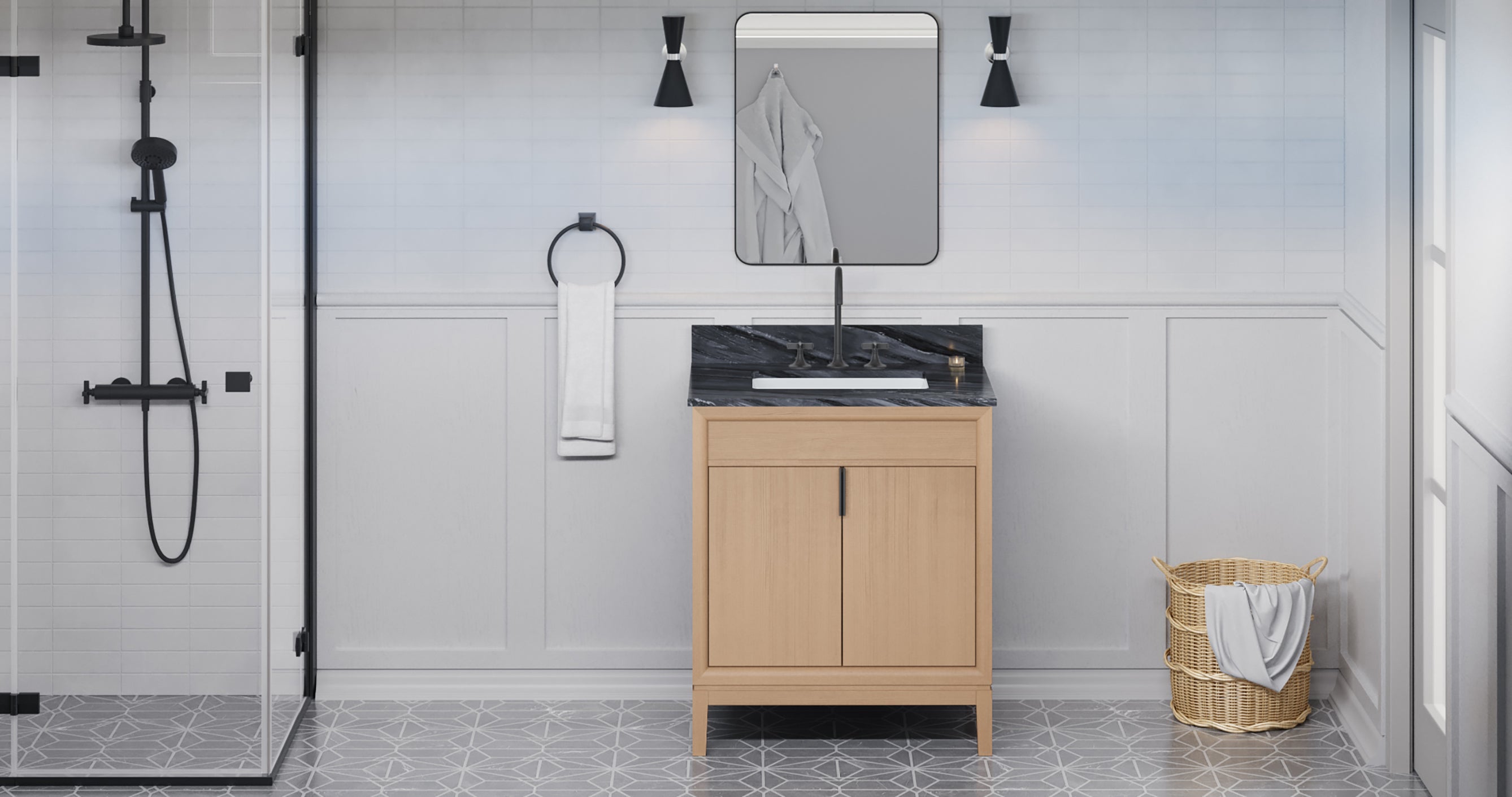 Theodora 30" Single Bathroom Vanity Set Natural Oak, Grey Marble Vanity Top, Rectangle Bowl | KitchBath