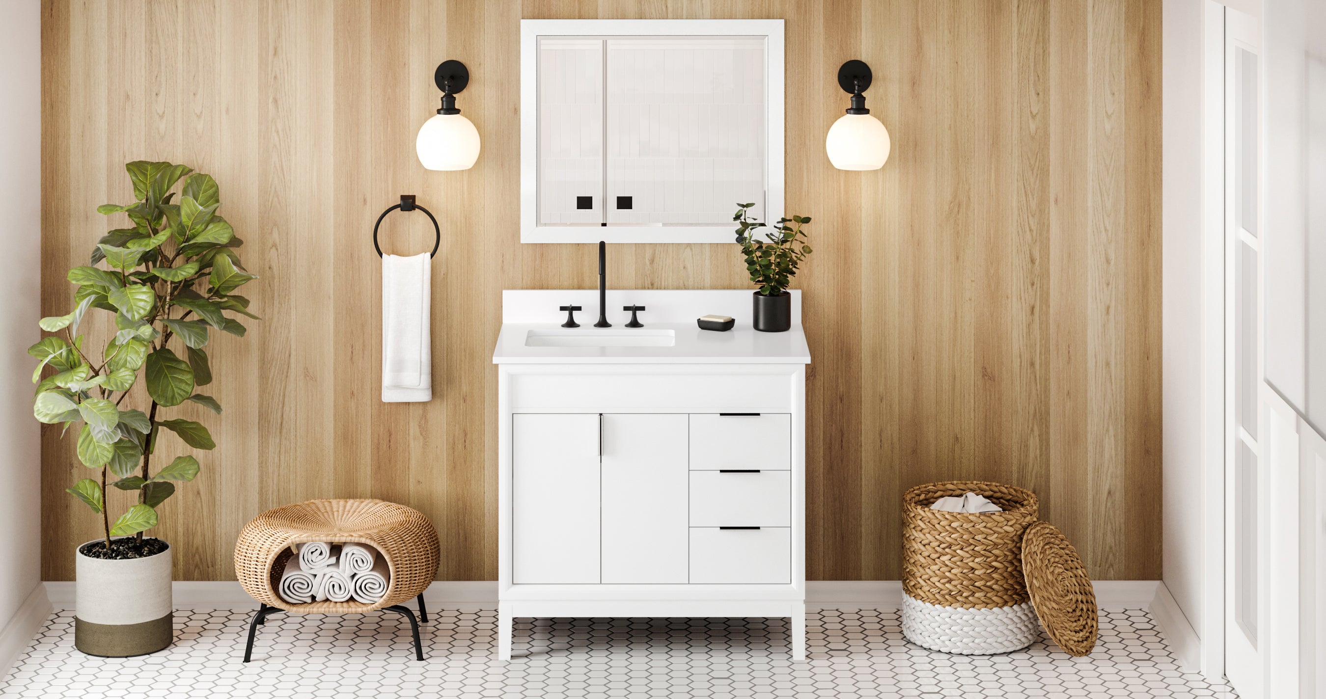 Theodora 36" White Theodora Vanity, Left Offset, White Quartz Vanity Top, Undermount Rectangle Bowl | KitchBath