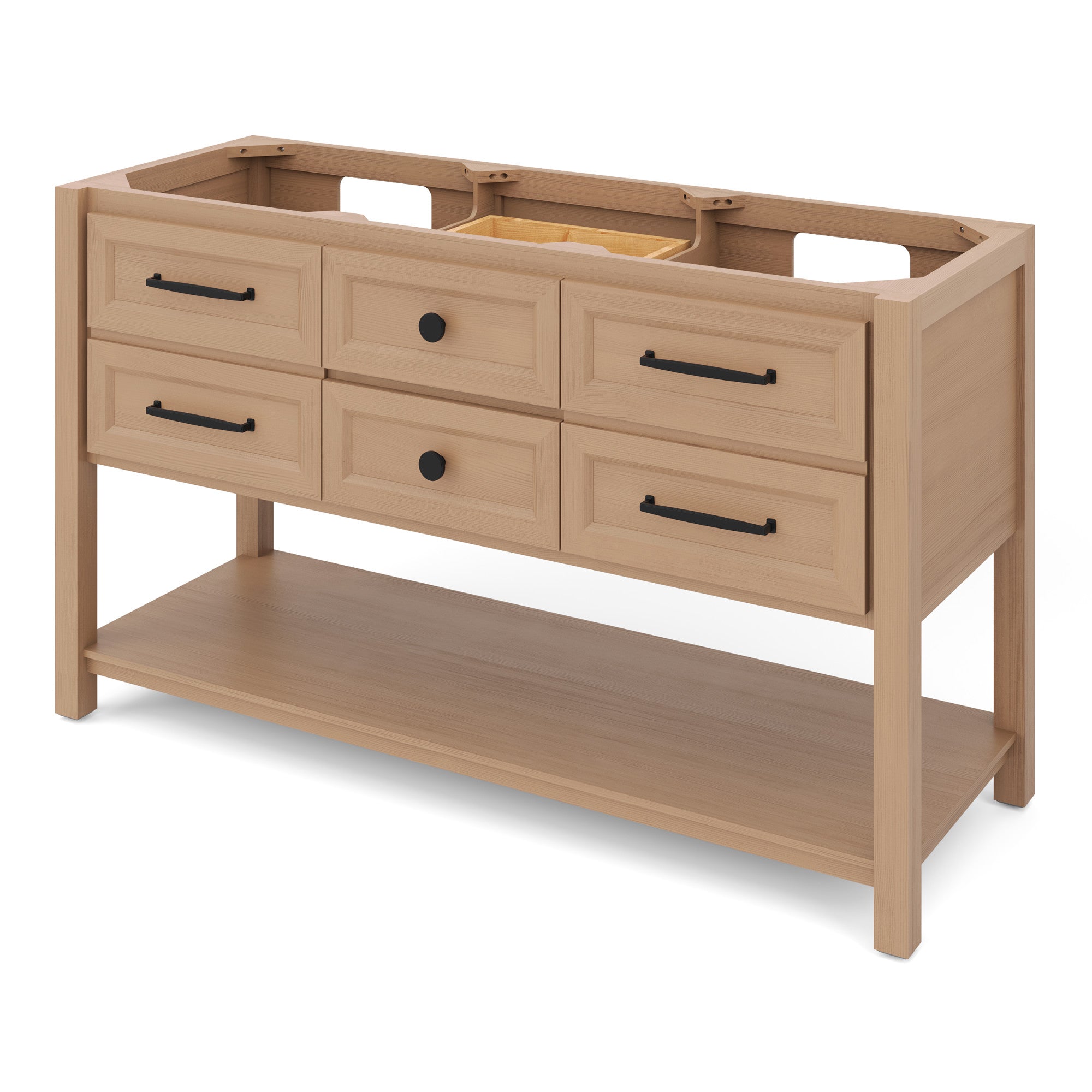 Kipling 60" W  Double Basin Bathroom Vanity Set Natural Oak, Grey Quartz Vanity Top, Rectangle Bowl | KitchBath