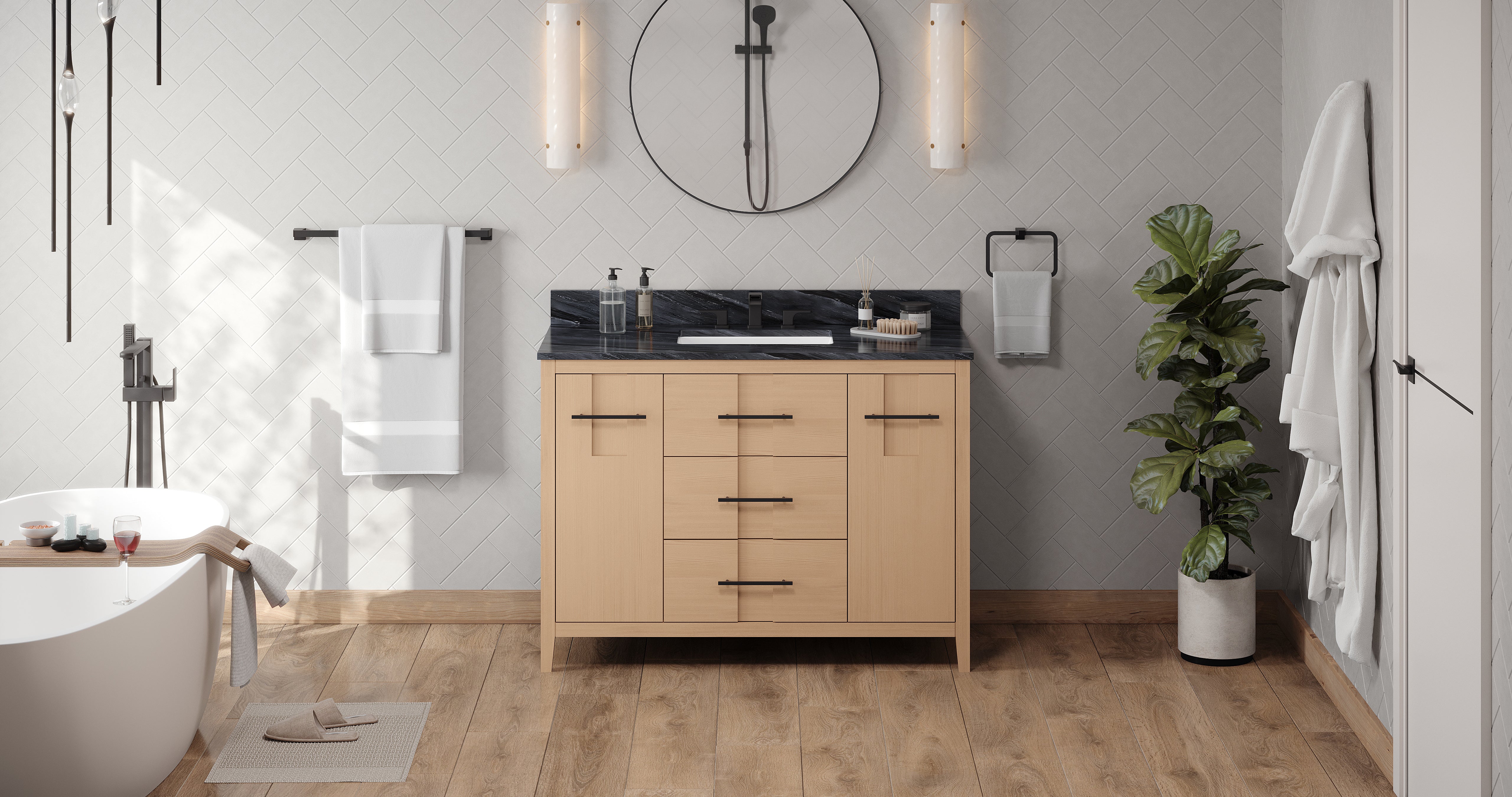 Katara 48" Single Bathroom Vanity Set Natural Oak, Grey Marble Vanity Top, Rectangle Bowl | KitchBath
