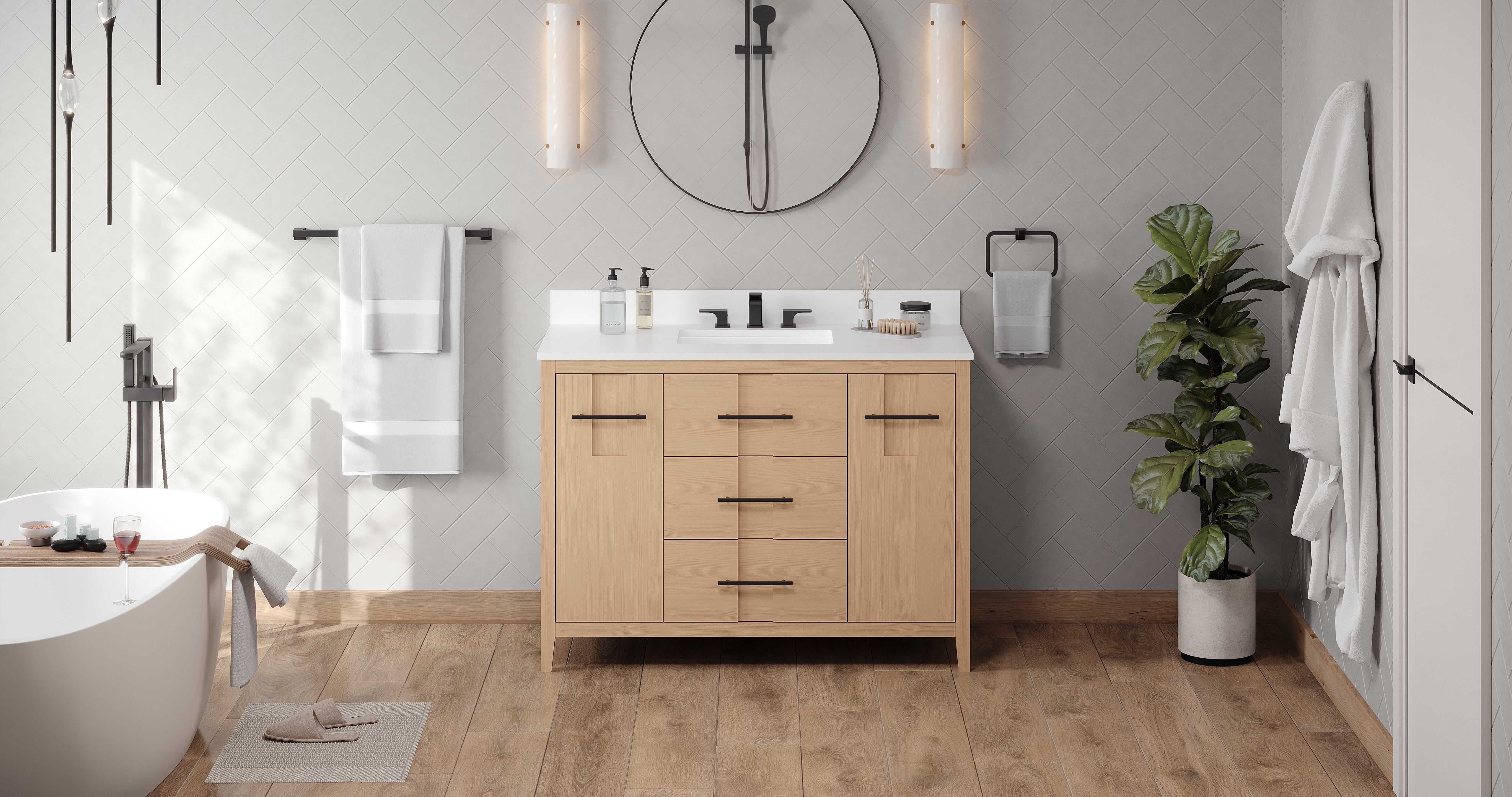 Katara 48" Single Bathroom Vanity Set Natural Oak, White Quartz Vanity Top, Rectangle Bowl | KitchBath