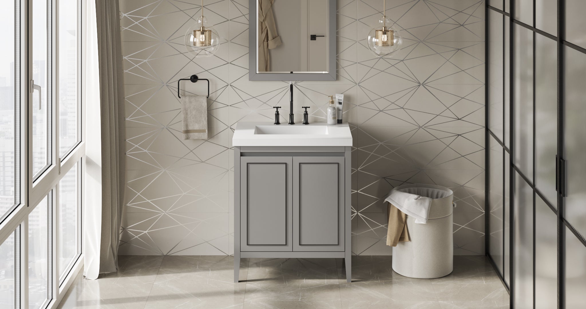 Percival 30" Single Bathroom Vanity Set Grey, White Resin Vanity Top, Rectangle Bowl | KitchBath