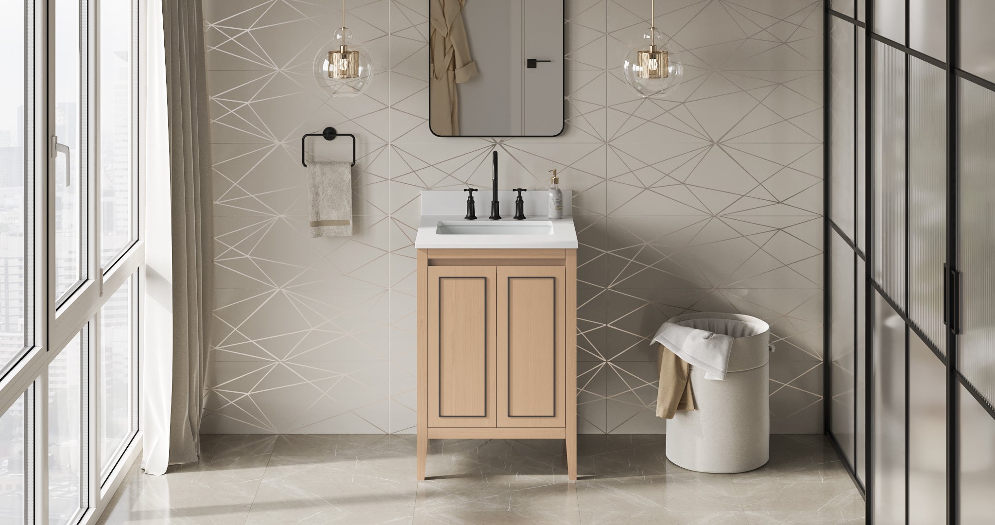 Percival 24" Single Bathroom Vanity Set Natural Oak, White Quartz Vanity Top, Rectangle Bowl | KitchBath
