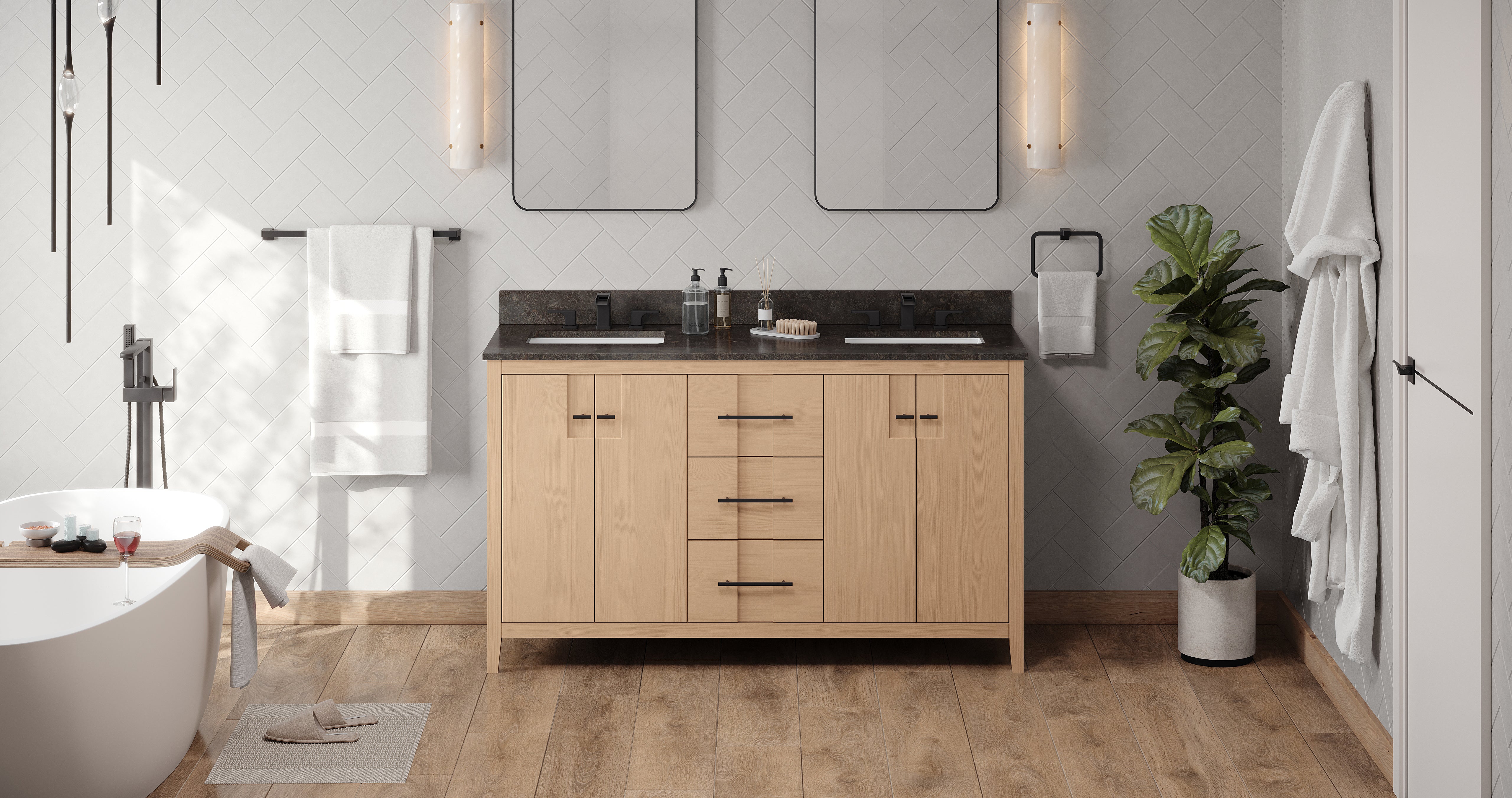 Katara 60" Double Bathroom Vanity Set Natural Oak, Blue Limestone Vanity Top, Rectangle Bowl | KitchBath