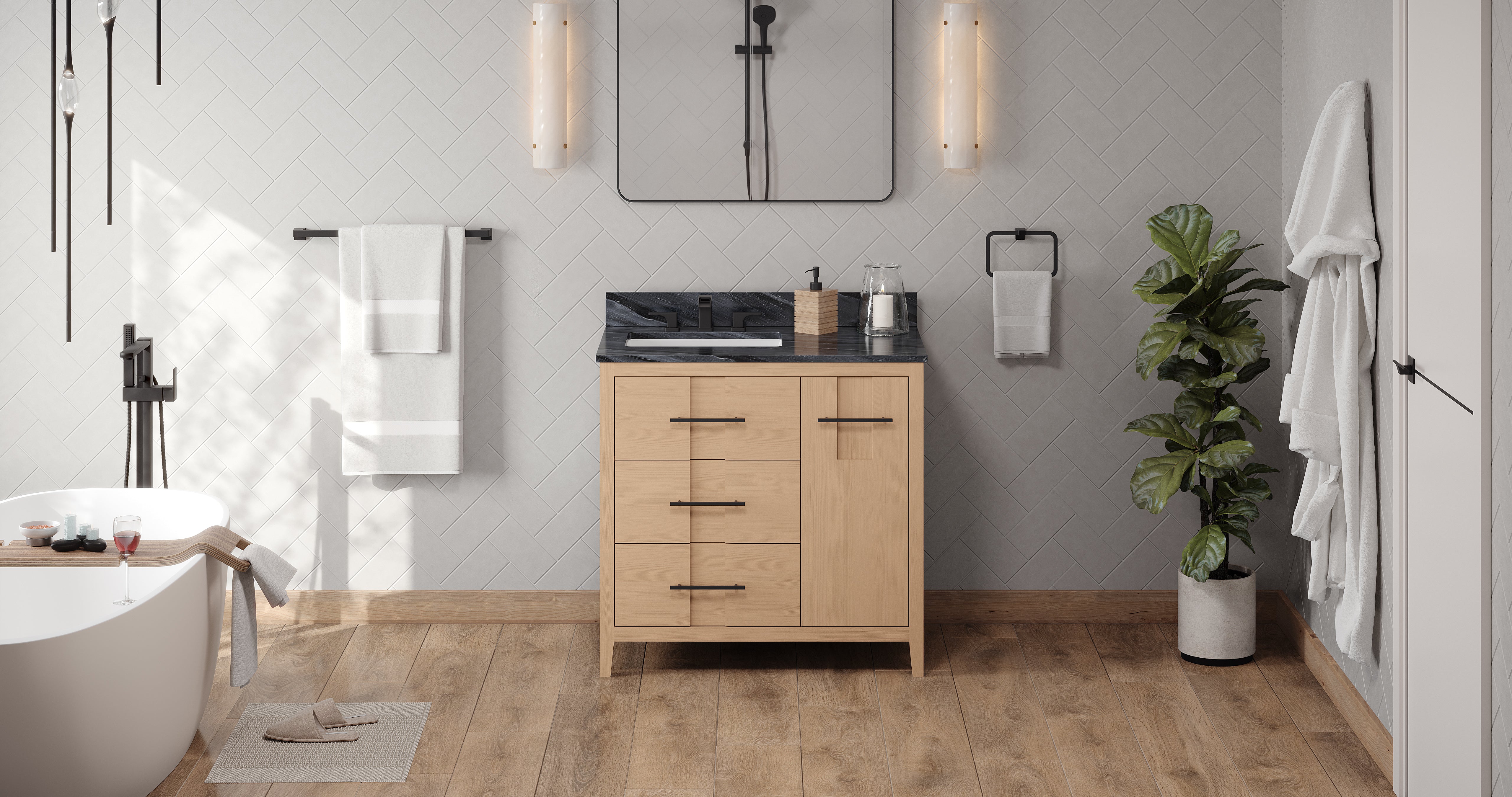Katara 36" Single Bathroom Vanity Set Natural Oak, Grey Marble Vanity Top, Rectangle Bowl | KitchBath